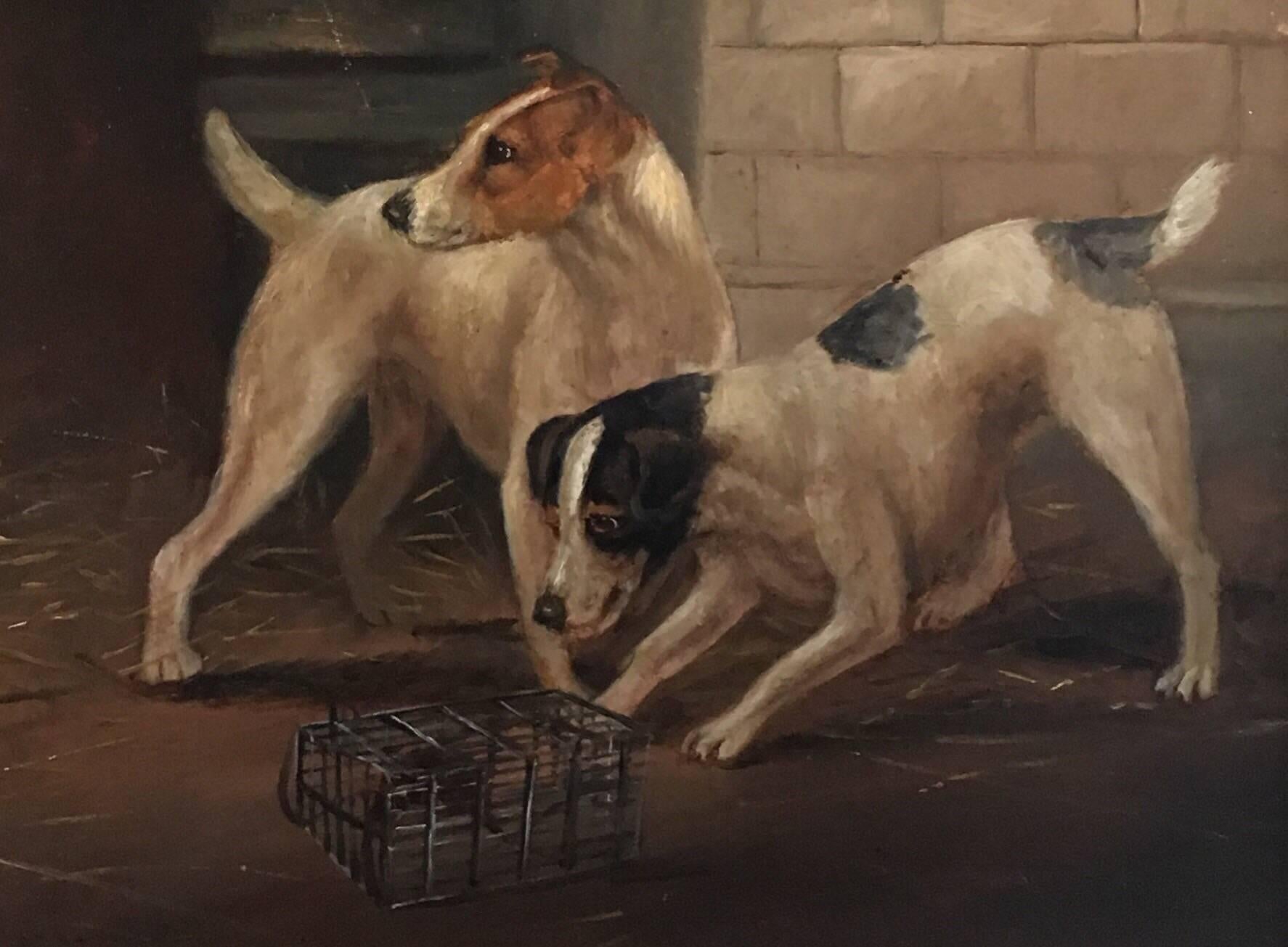 Unknown Interior Painting - Terriers Ratting, Barn Interior,  Antique English Oil Painting 