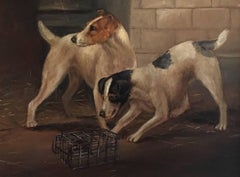 Terriers Ratting, Barn Interior,  Antique English Oil Painting 