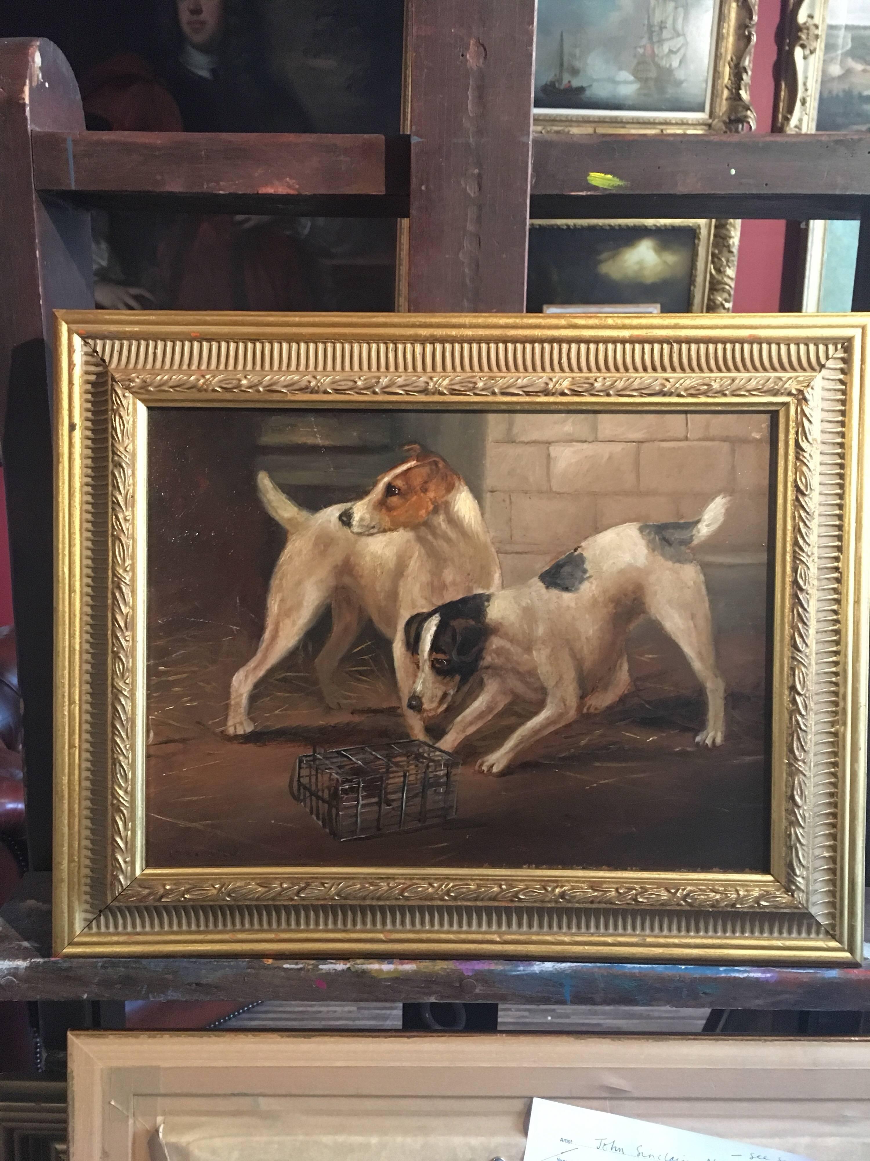 Terriers Ratting, Barn Interior,  Antique English Oil Painting 
By English artist, late 19th Century
Faint signature on the lower left hand corner
Oil painting on board, framed
framed size: 16 x 20 inches

Lovely late Victorian oil of two Jack
