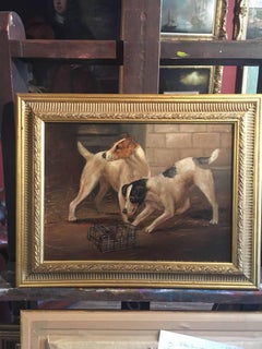 Terriers Ratting, Barn Interior,  Antique English Oil Painting