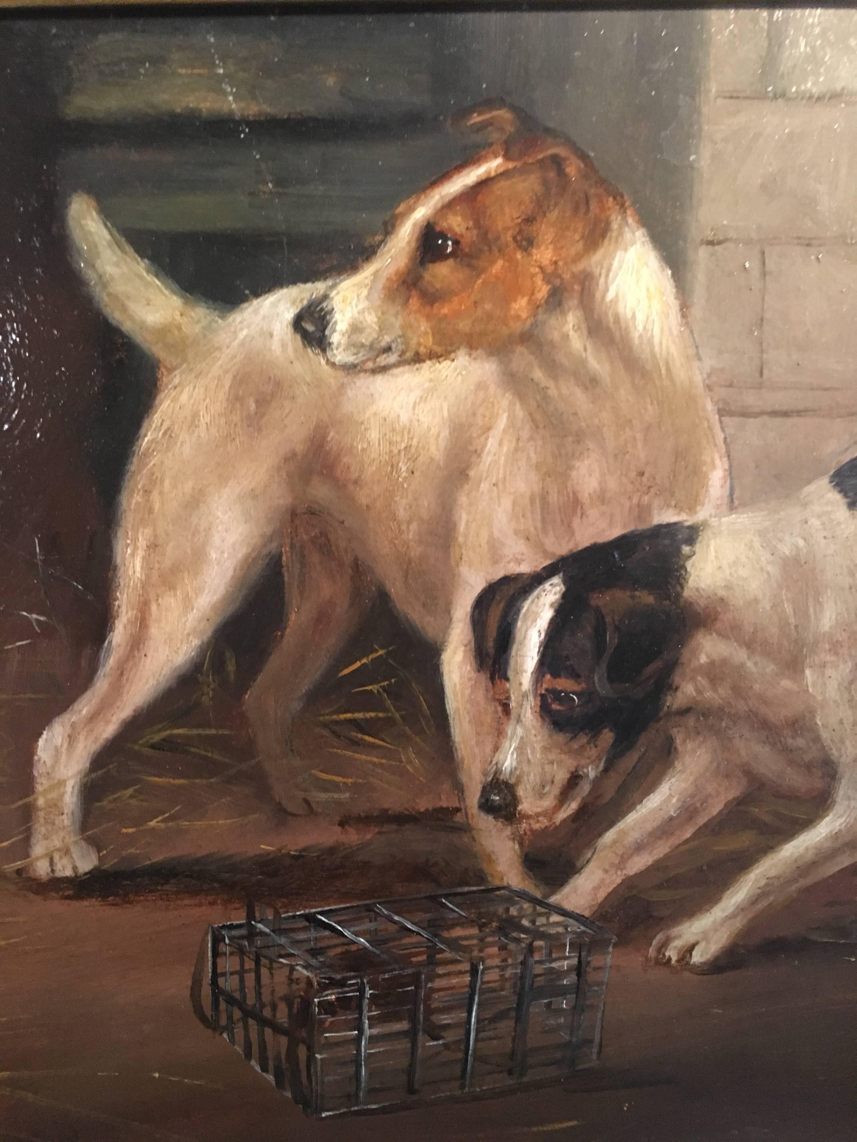 Terriers Ratting, Barn Interior,  Antique English Oil Painting  1
