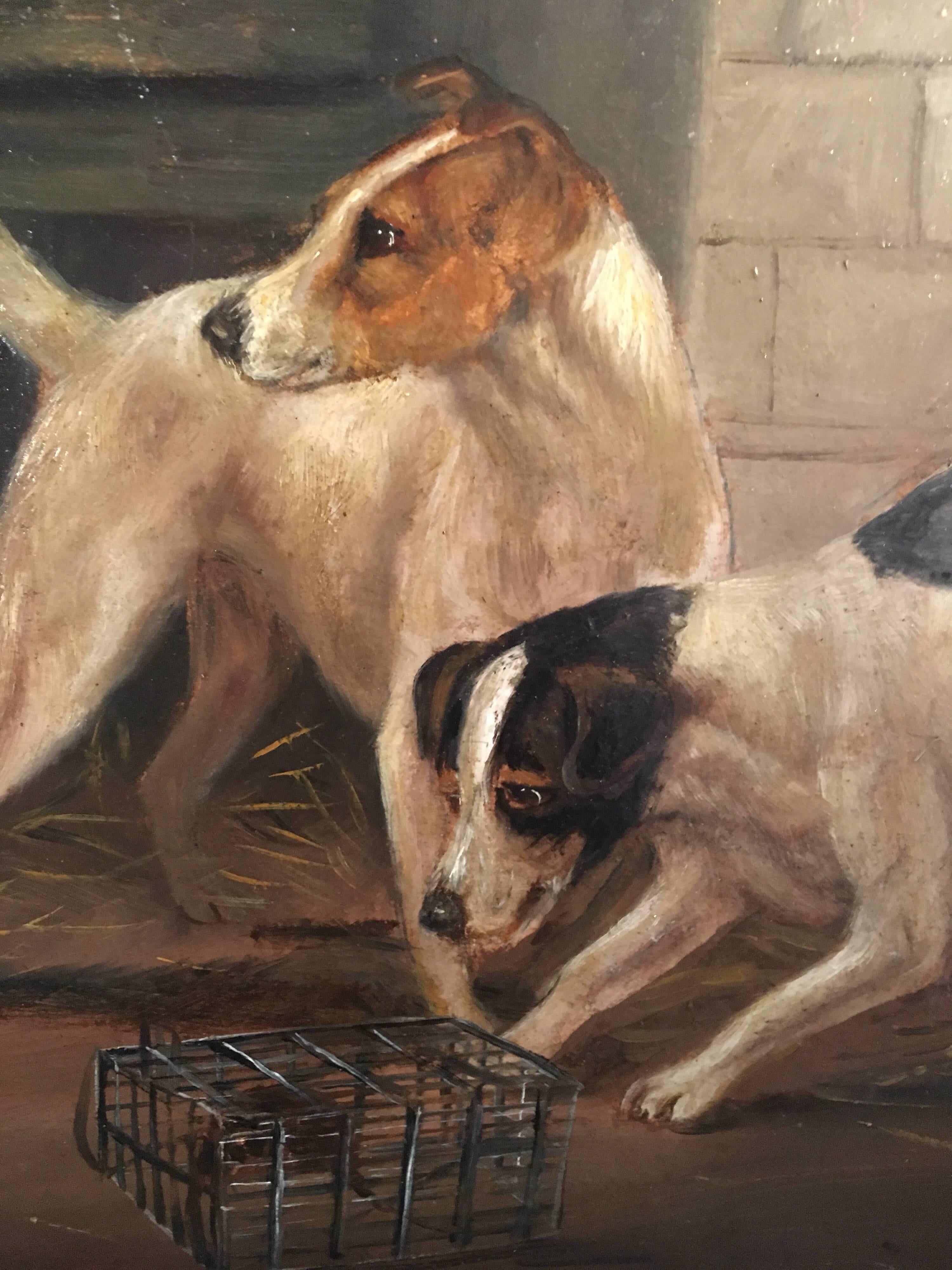 Terriers Ratting, Barn Interior,  Antique English Oil Painting  5