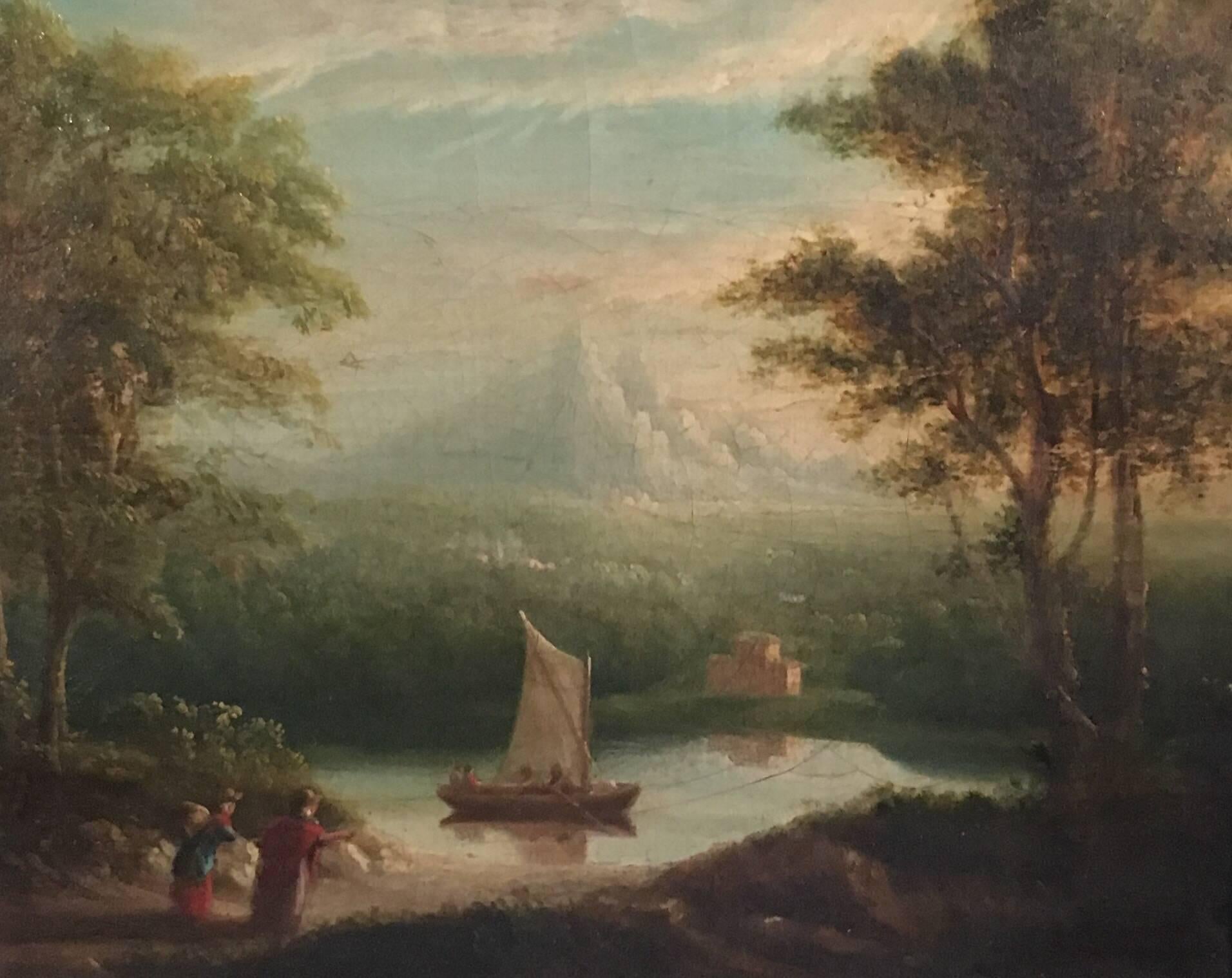 Unknown Landscape Painting - Travellers in Arcadian Landscape 19th Century English Oil Painting 