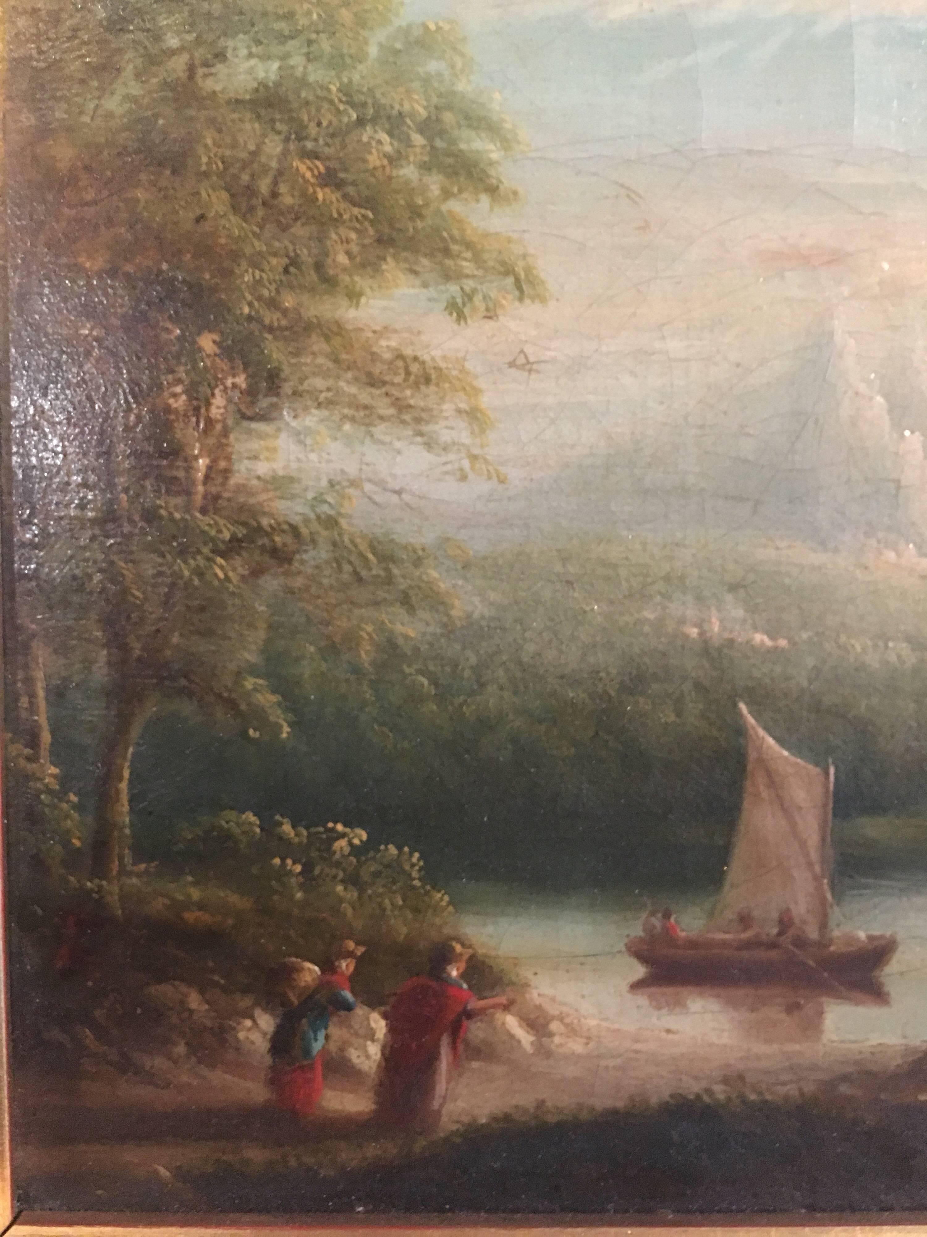 Travellers in Arcadian Landscape
British School, early 19th century
Oil painting on canvas, framed
framed size: 9.5 x 11.5 inches

