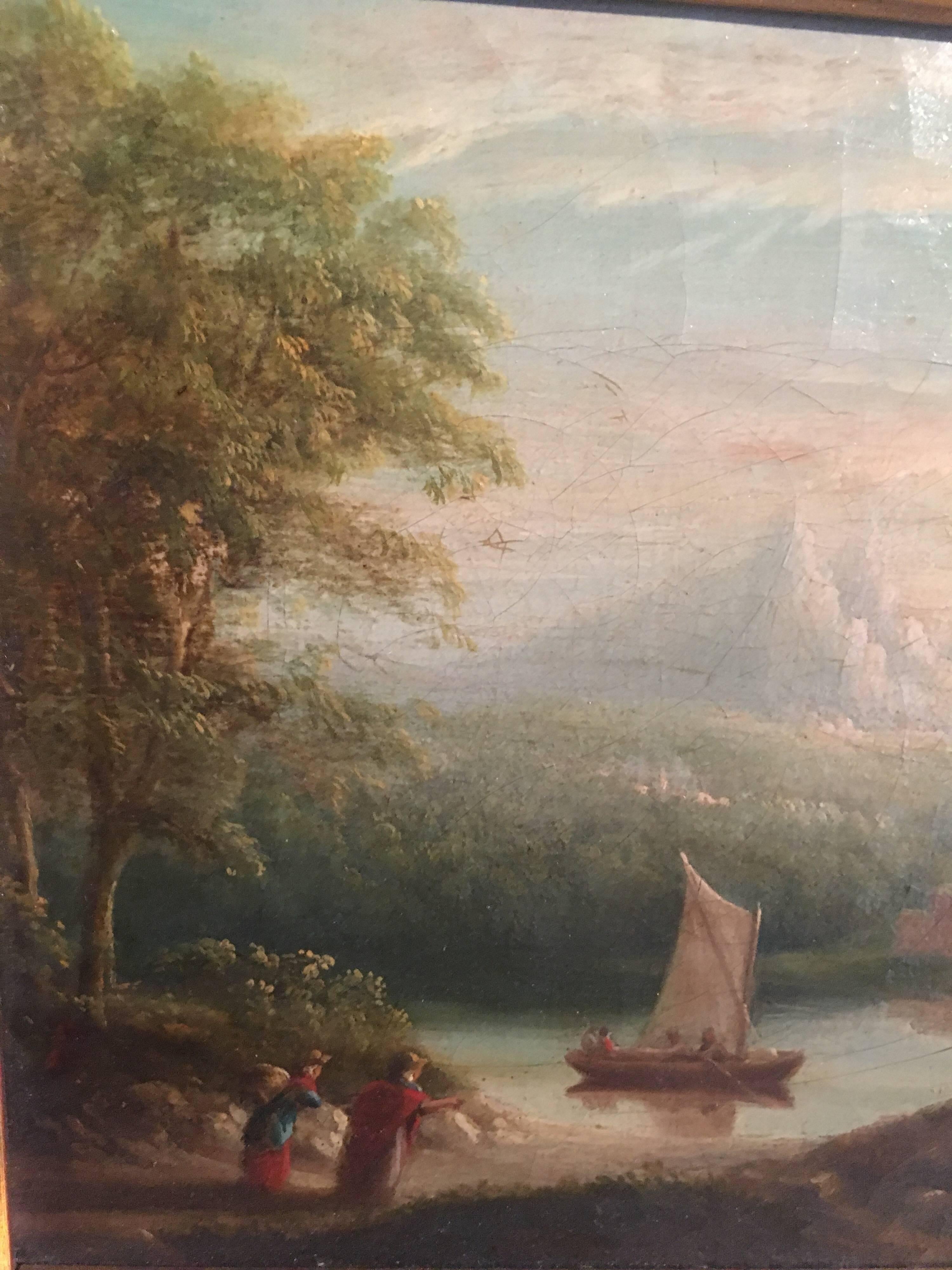 Travellers in Arcadian Landscape 19th Century English Oil Painting  1