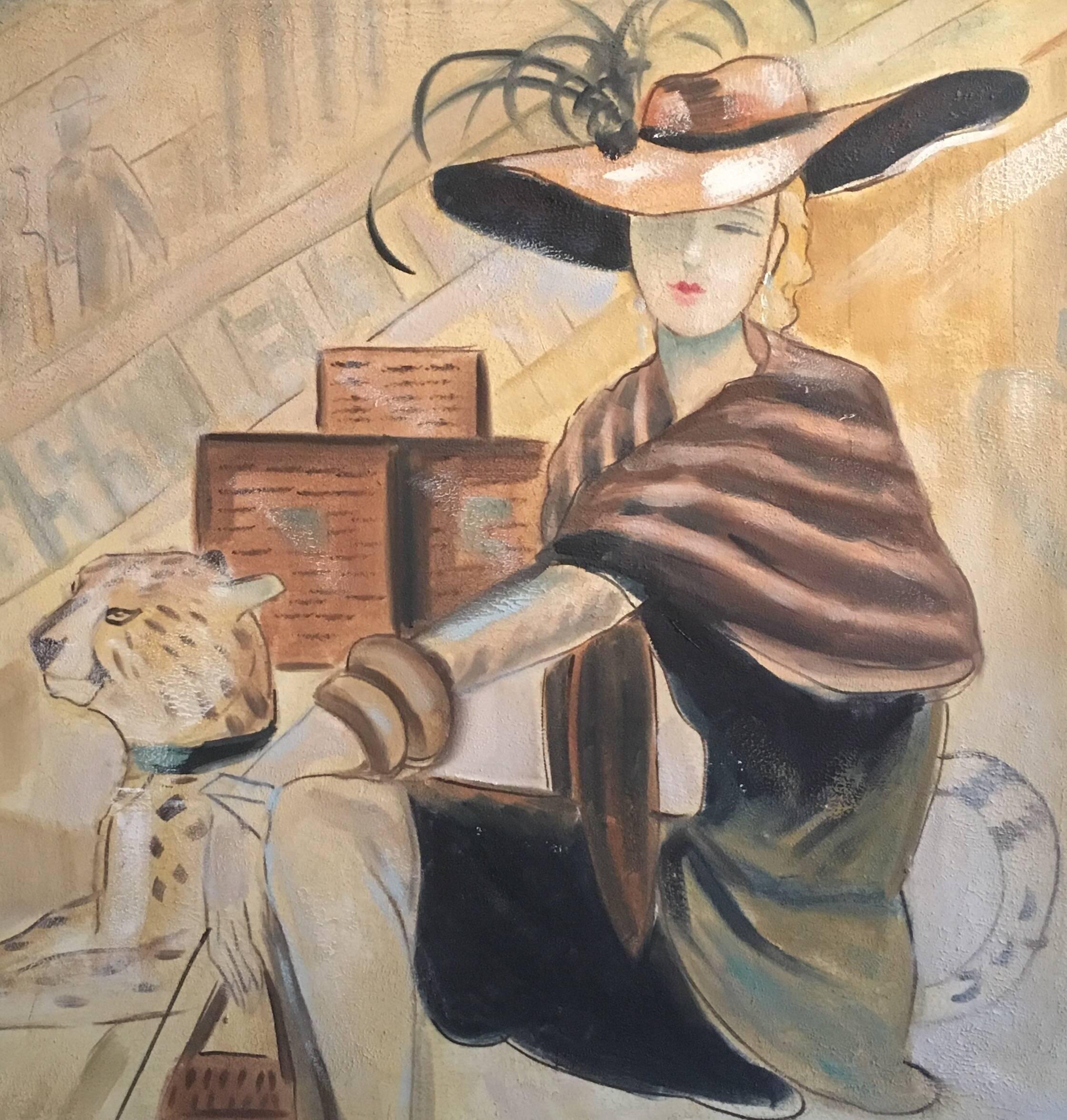 Fashionable Parisian Lady in Hat, with Leopard