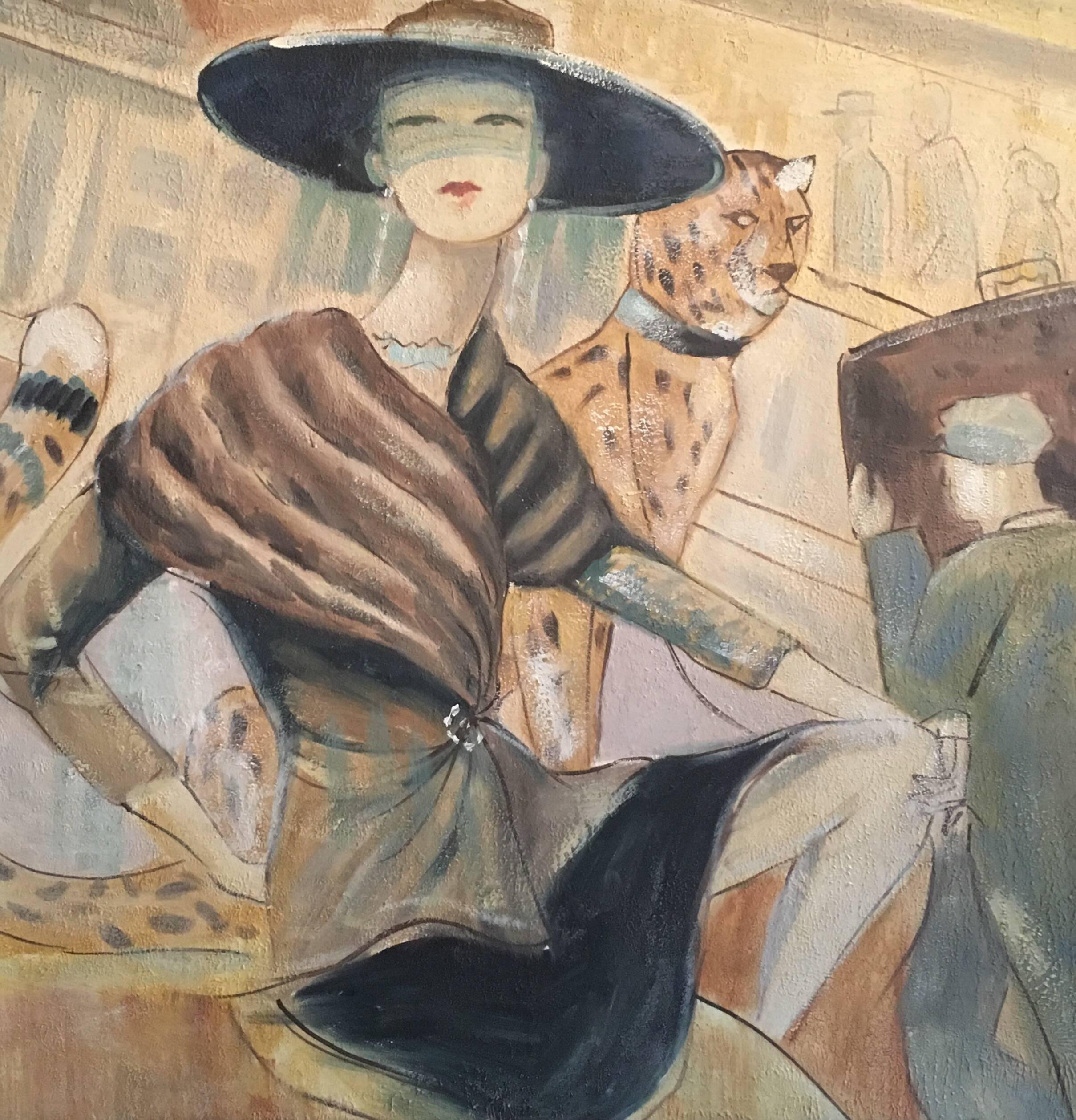 Unknown Interior Painting - A la Mode Parisian Lady - with a Leopard