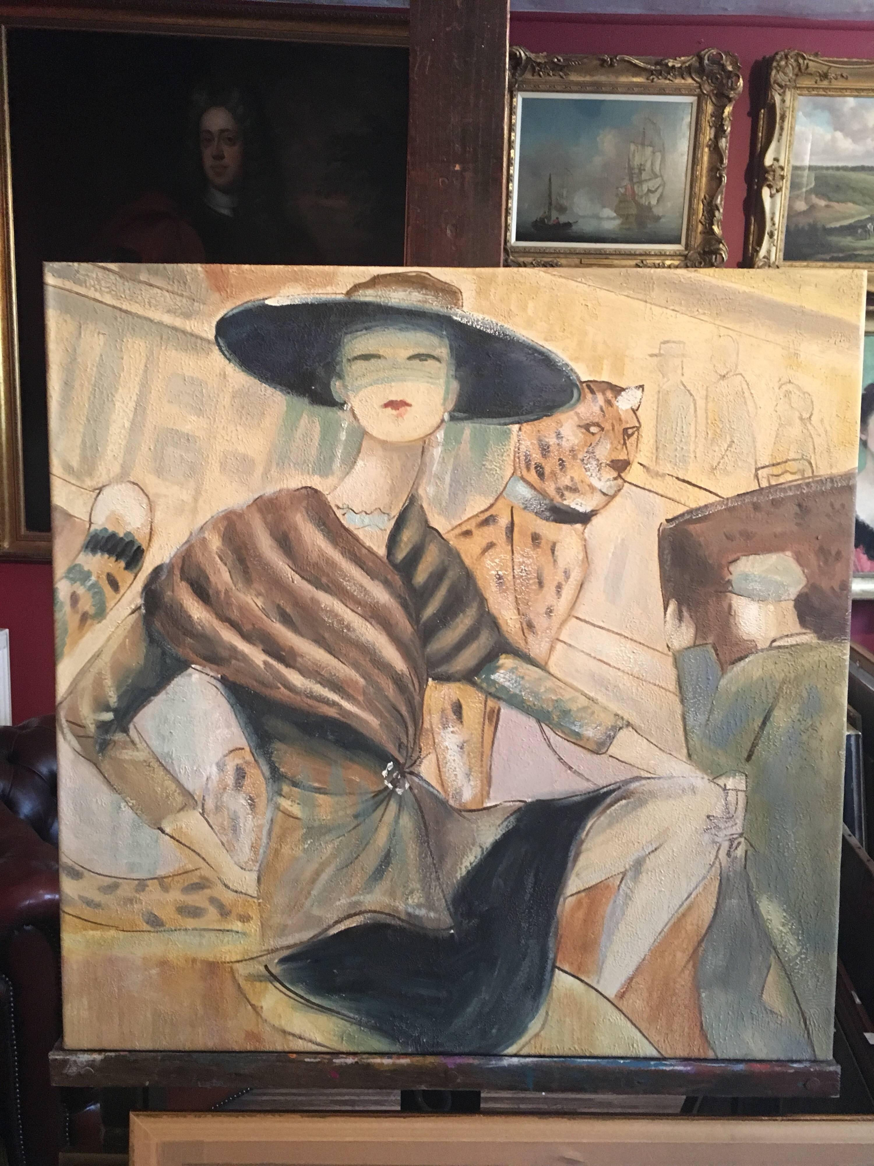 A la Mode Parisian Lady - with a Leopard - Painting by Unknown