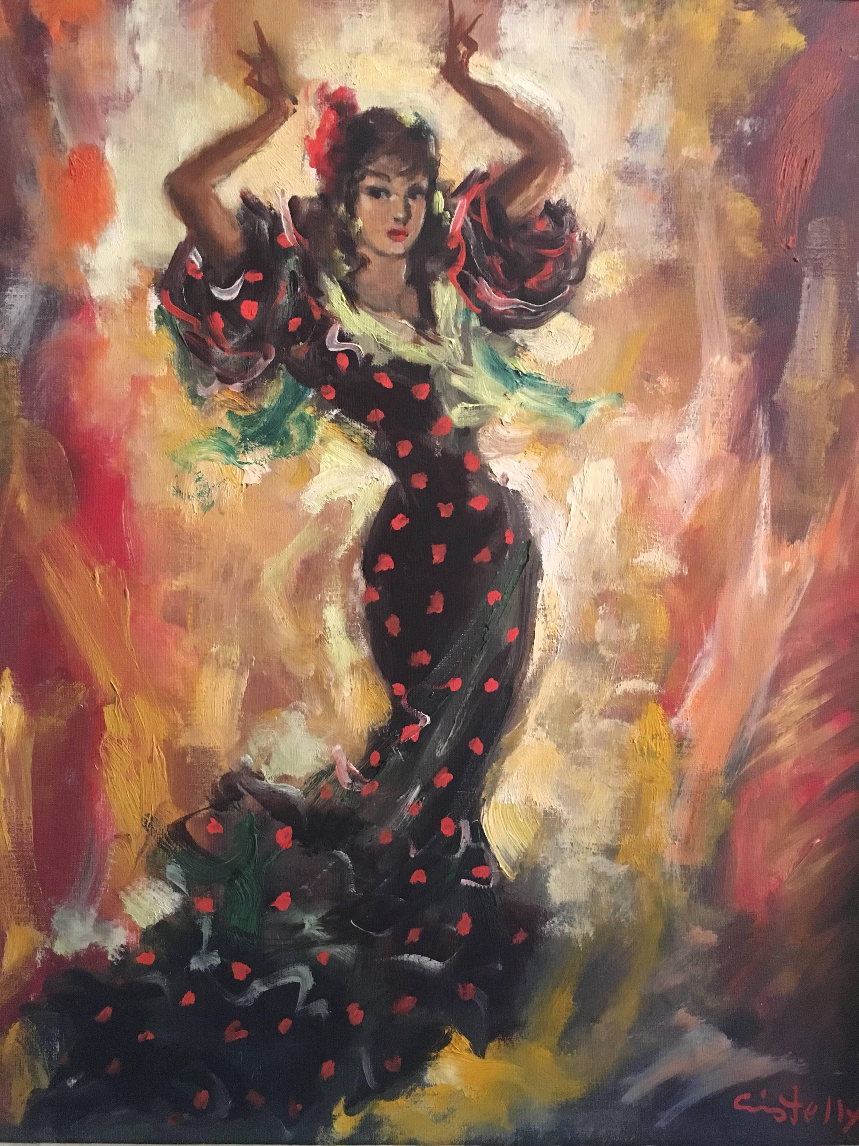 ‘Rita’ Spanish Flamenco Dancer Signed Oil Painting  - Brown Figurative Painting by Unknown