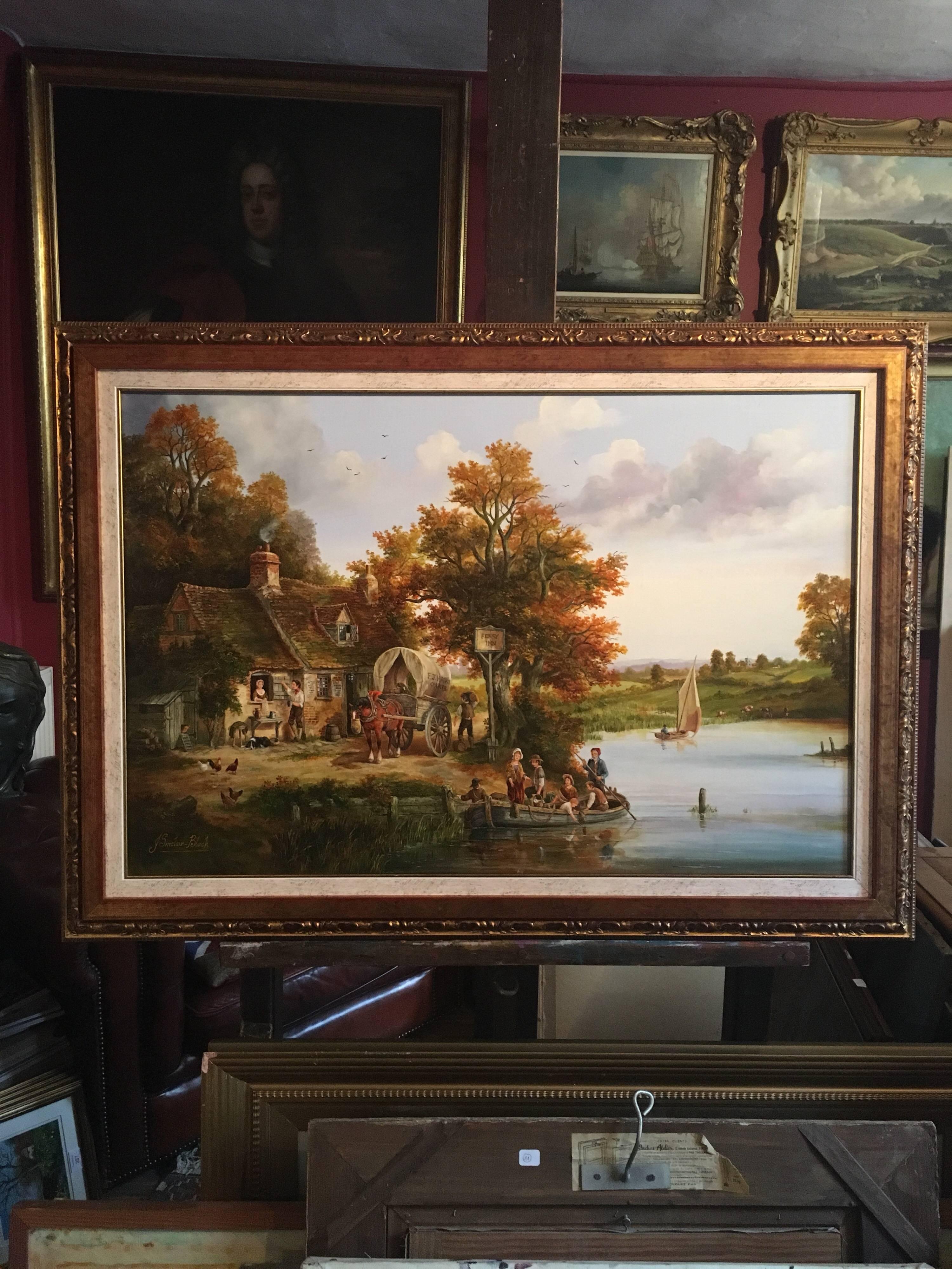 The Ferry Inn, Large Traditional English Oil, Signed - Painting by John Sinclair-Black