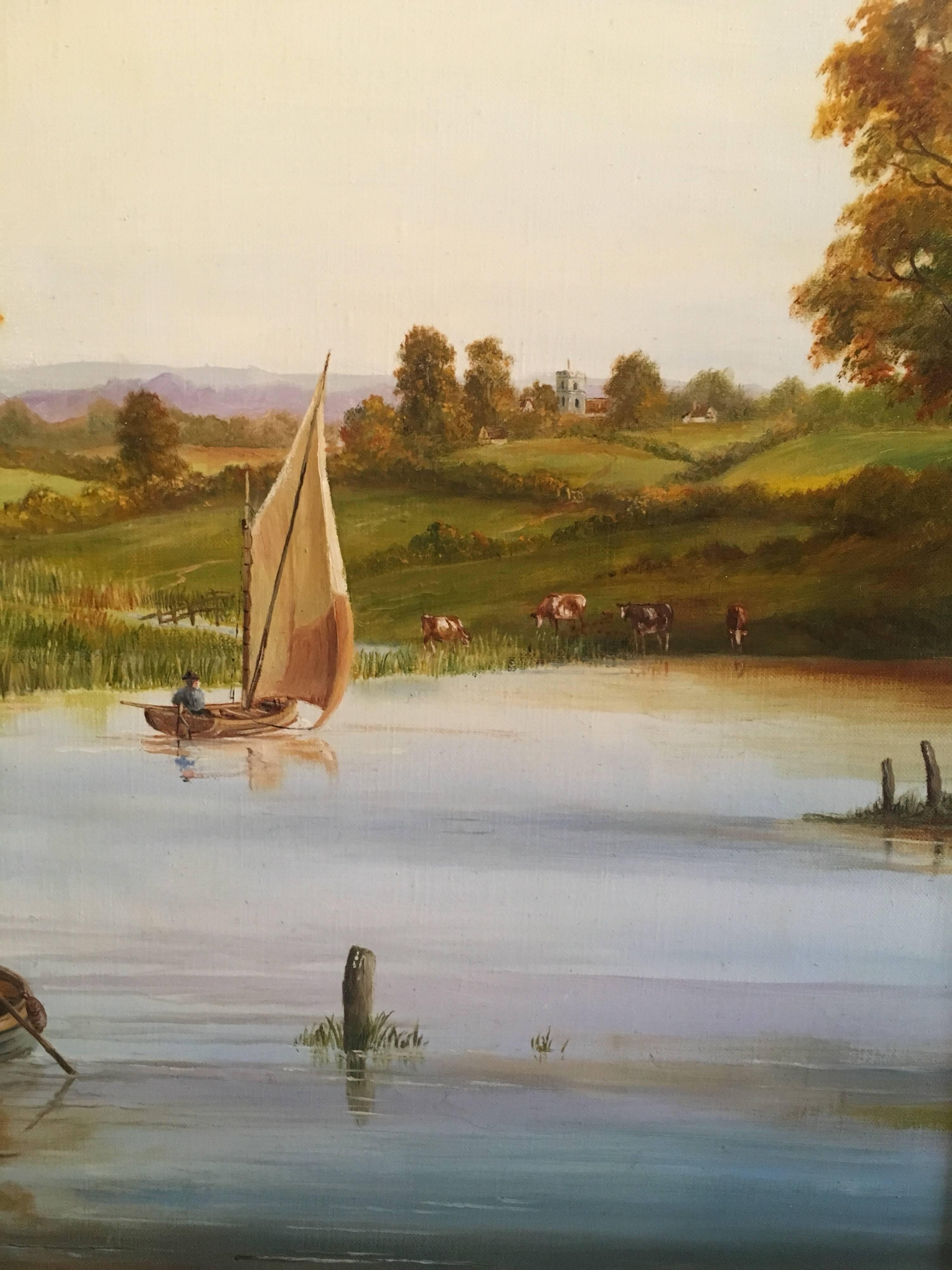 The Ferry Inn, Large Traditional English Oil, Signed - Brown Landscape Painting by John Sinclair-Black