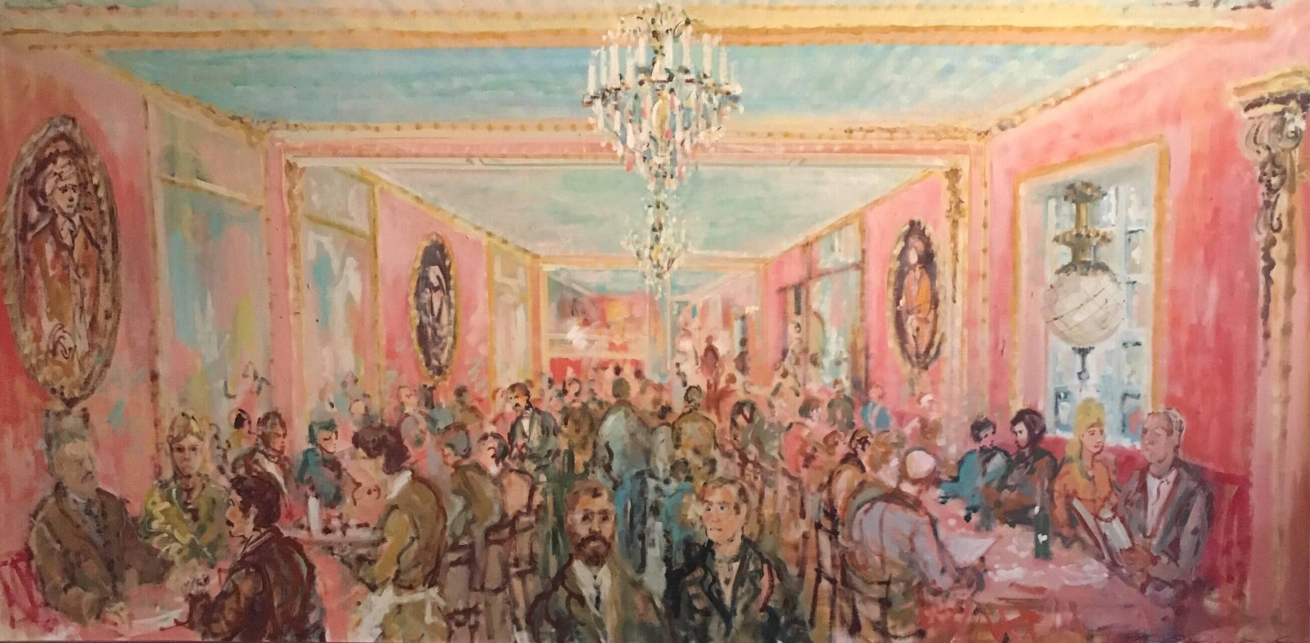 Unknown Figurative Painting - Le Cafe Procope, Paris, Huge French Oil Painting, Signed
