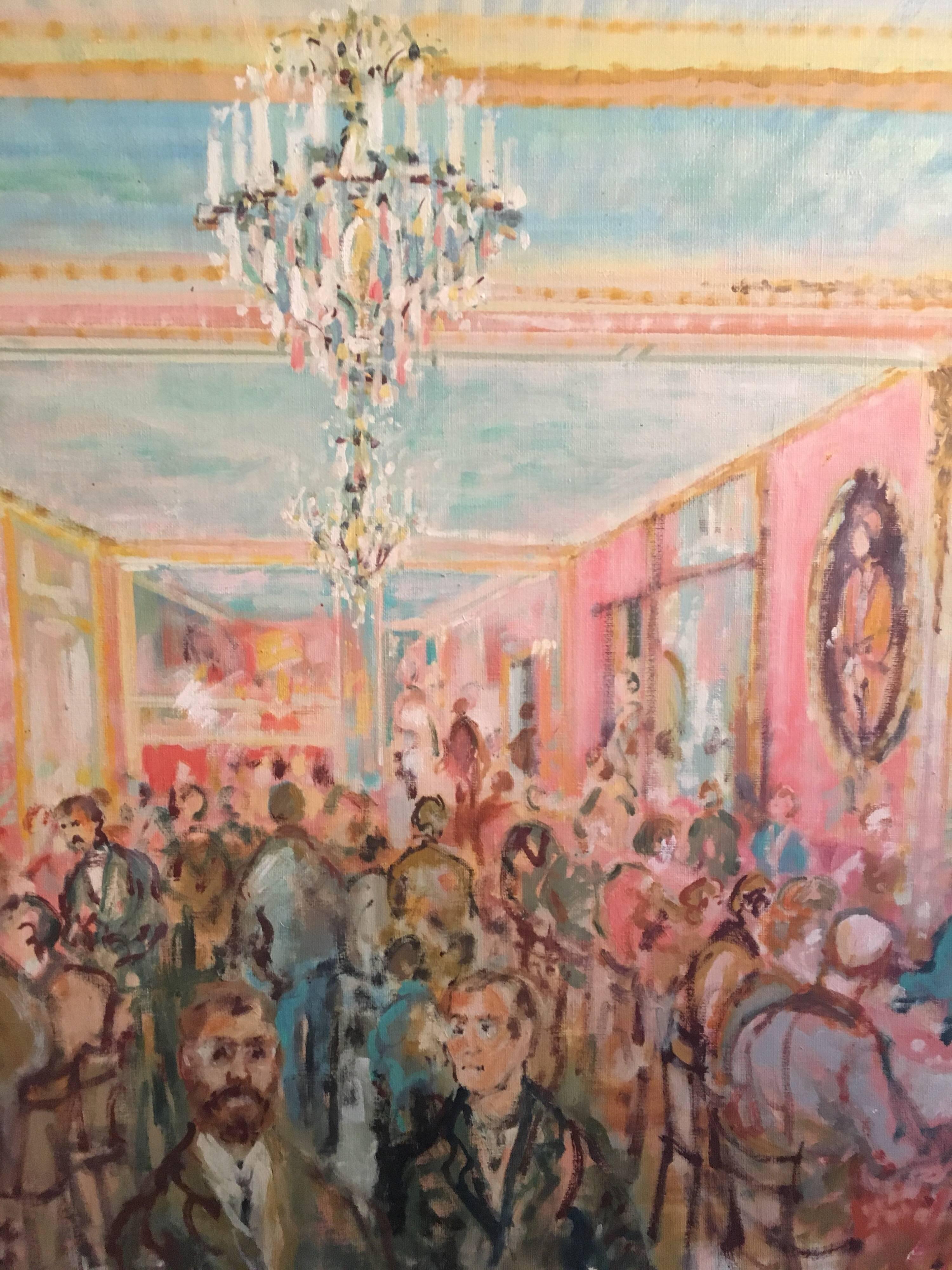 Le Cafe Procope, Paris, Huge French Oil Painting, Signed - Brown Figurative Painting by Unknown