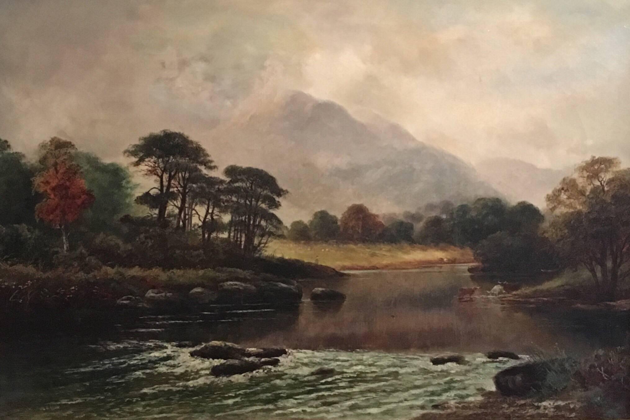 W.L. Crampton Landscape Painting - Victorian Scottish Highlands River Landscape Cattle Watering