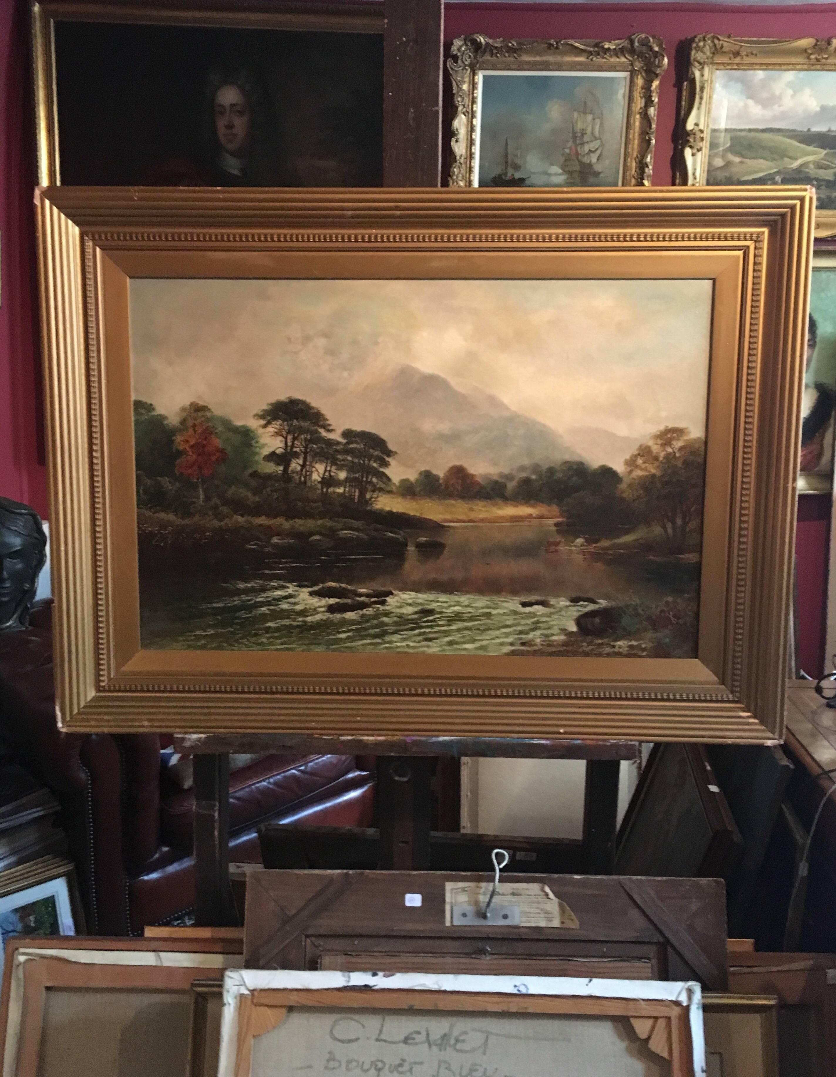 Victorian Scottish Highlands River Landscape Cattle Watering - Painting by W.L. Crampton