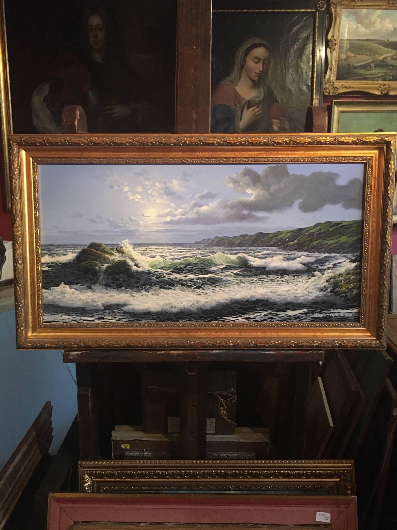 Rugged Coastline and Crashing Waves, Signed Oil - Painting by Brian Horswell