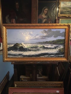 Schroffe Küstenlinie und brechende Wellen:: signiertes Öl