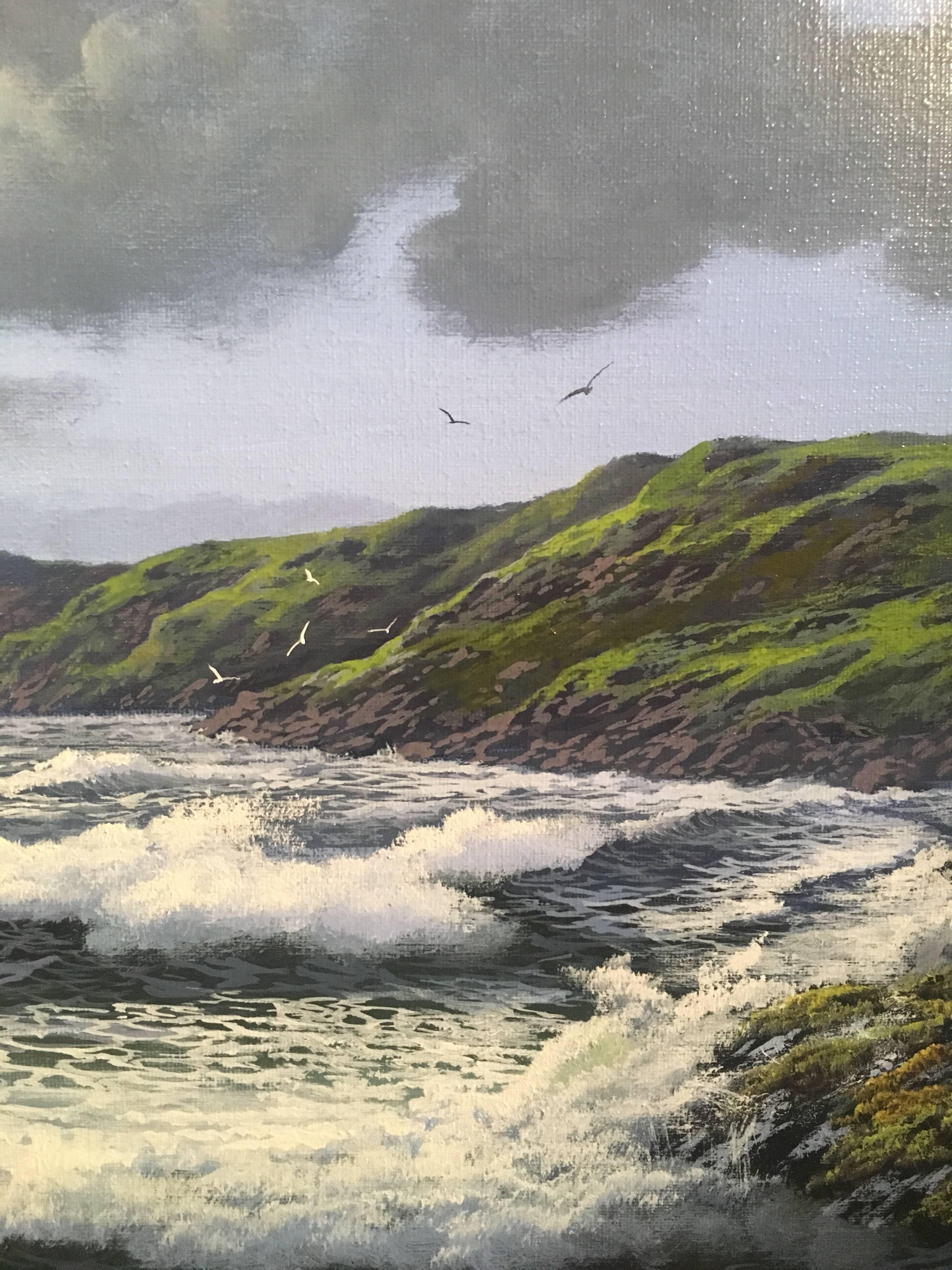 Rugged Coastline and Crashing Waves
By Brian D.Horswell, British artist, 21st Century
Oil painting on canvas, framed
Signed on lower left hand corner
Frame size: 19 x 35 inches

Beautiful use of sunlight captured by the crashing waves of the sea.