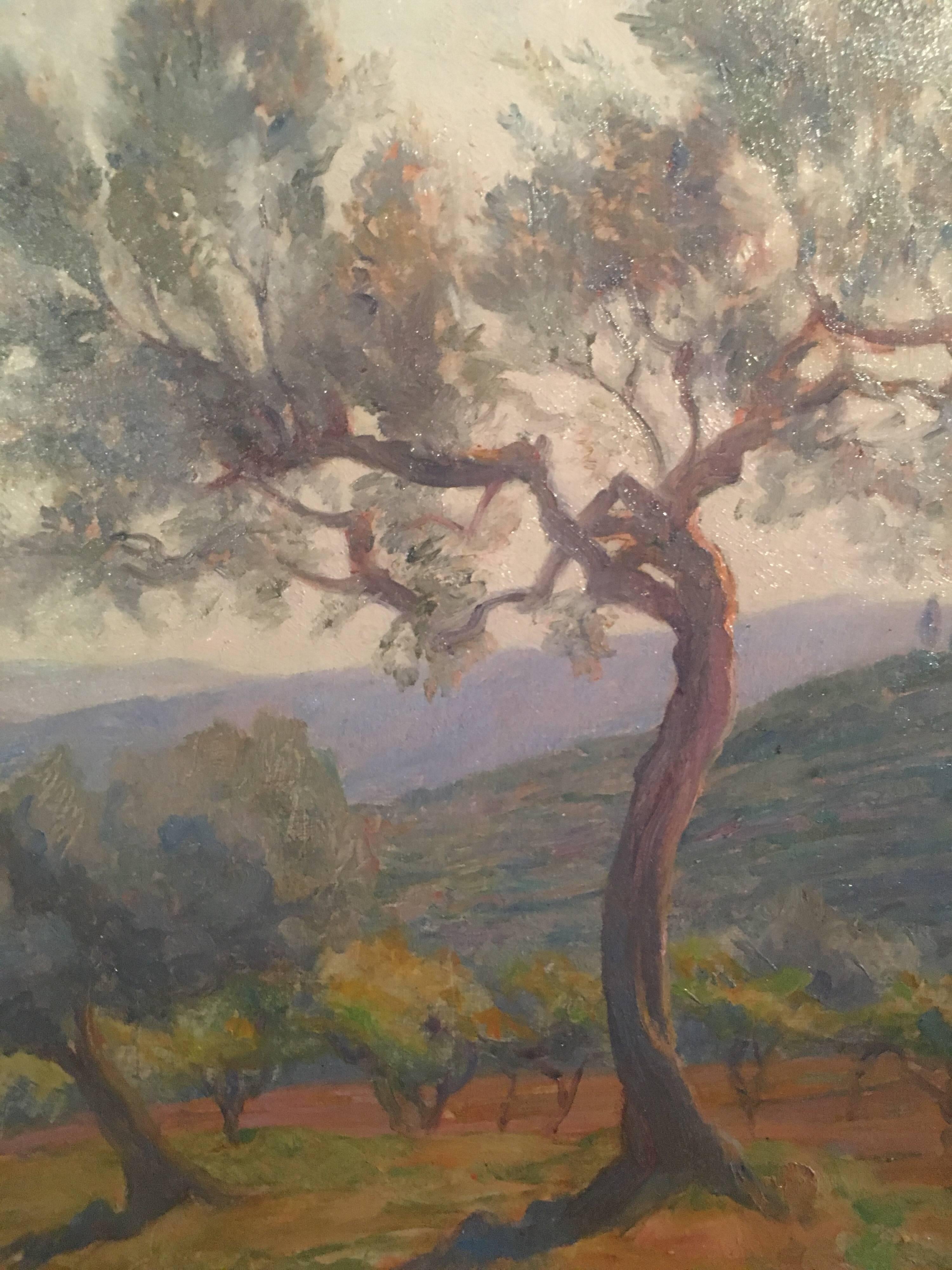 Paysage de San Gimignano, Toscane, peinture à l'huile signée  - Gris Landscape Painting par Unknown