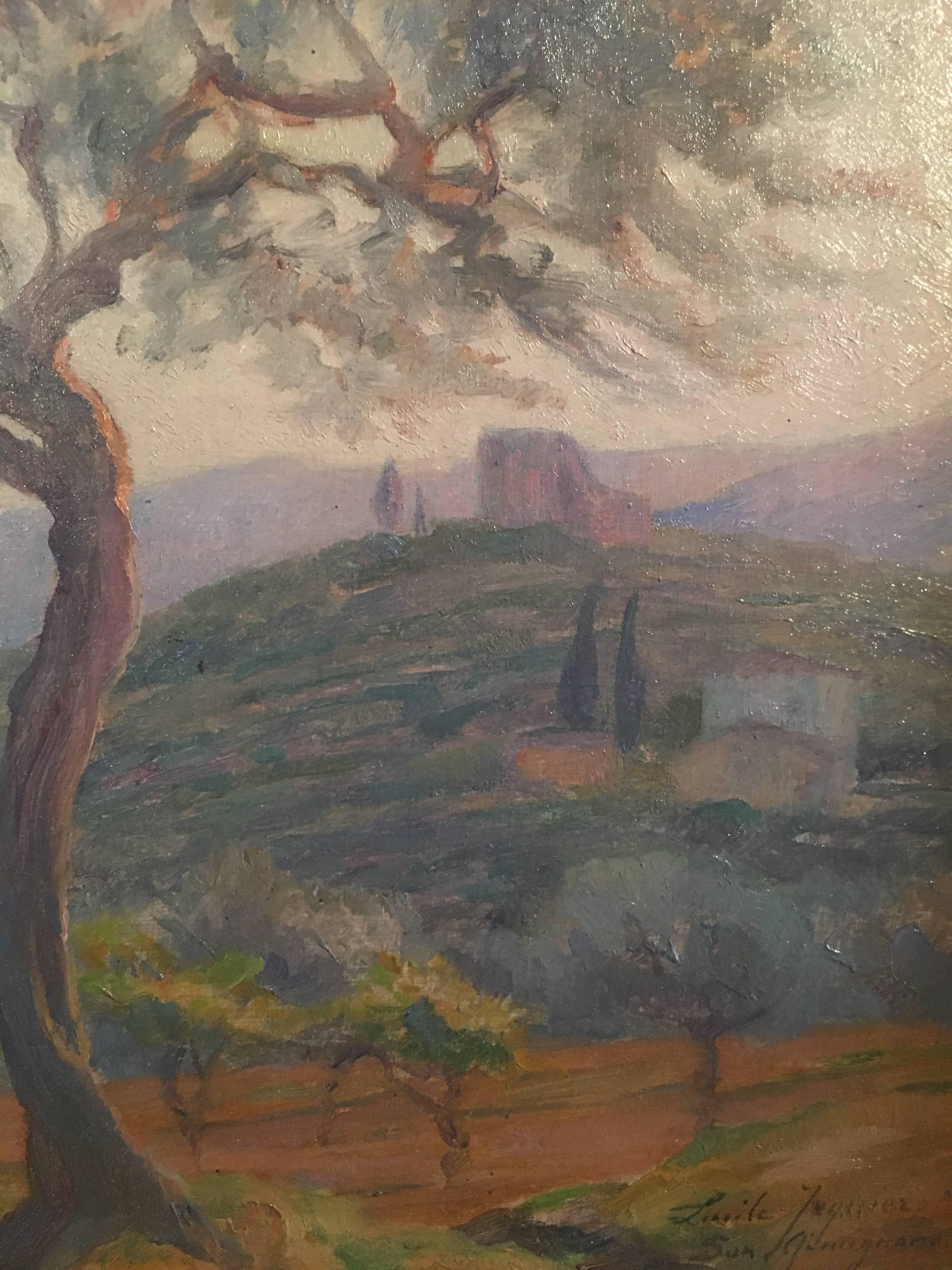 San Gimignano, Tuscany Landscape, Signed Oil Painting  - Gray Landscape Painting by Unknown