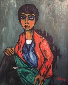 Portrait d'une femme élégante des années 1960, peinture à l'huile signée 