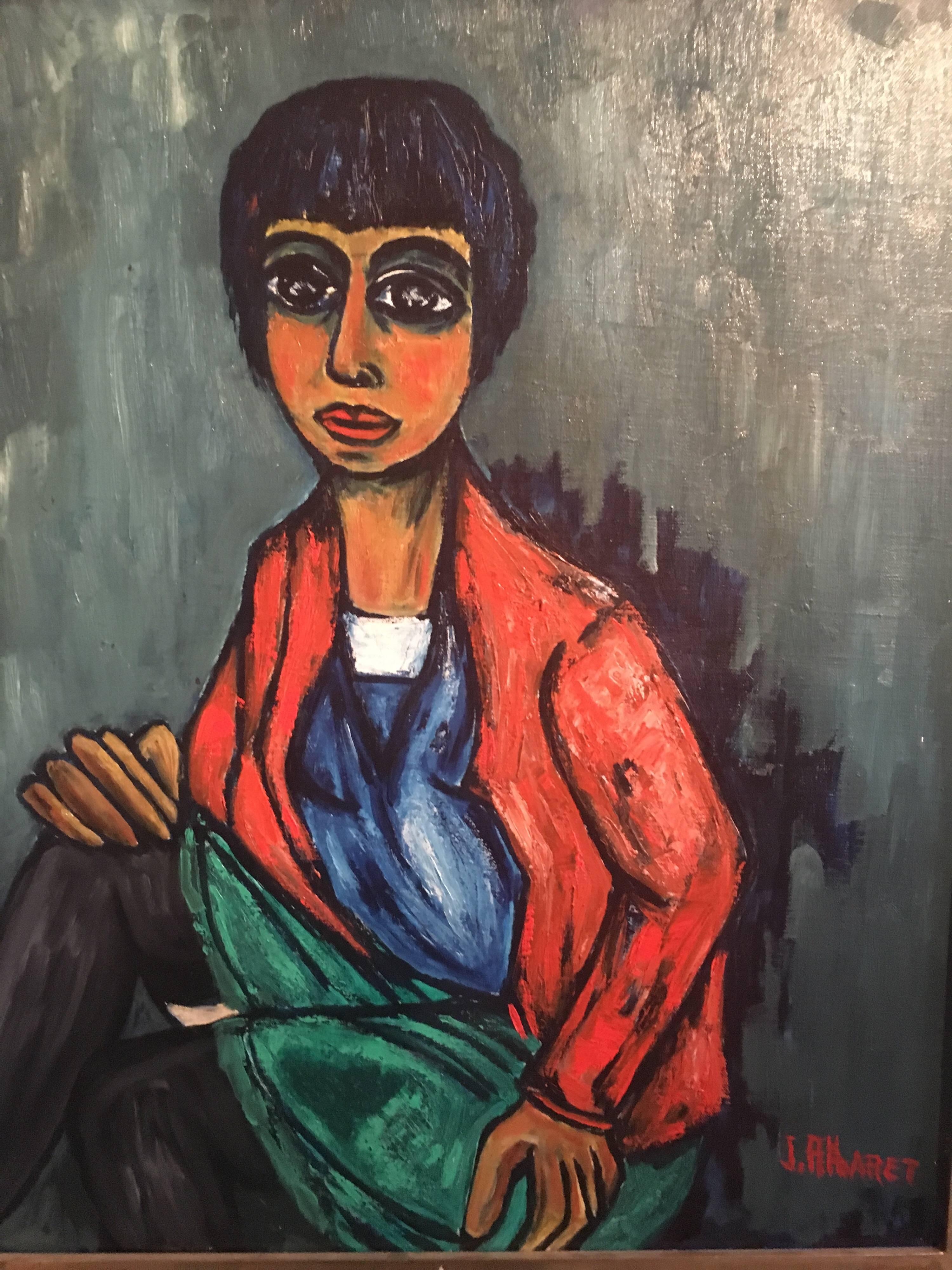 Portrait d'une femme élégante
École française, Milieu du 20e siècle
Peinture à l'huile sur toile, encadrée
Signé par l'artiste dans le coin inférieur droit
Taille du cadre : 26.5 x 22 pouces

Peinture expressionniste française stylisée d'une dame