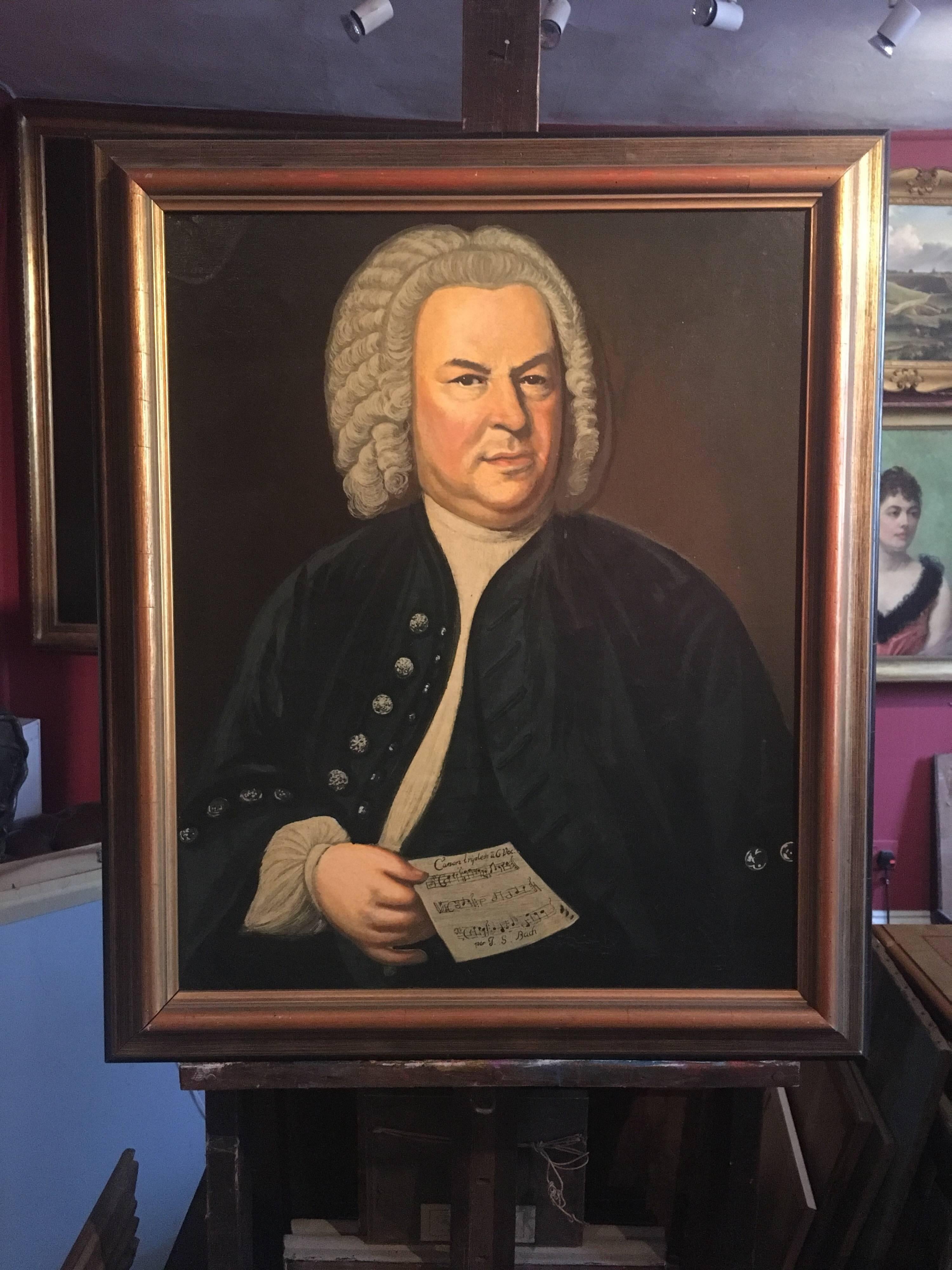 Johan Sebastian Bach, Large Portrait signed painting - Painting by Unknown