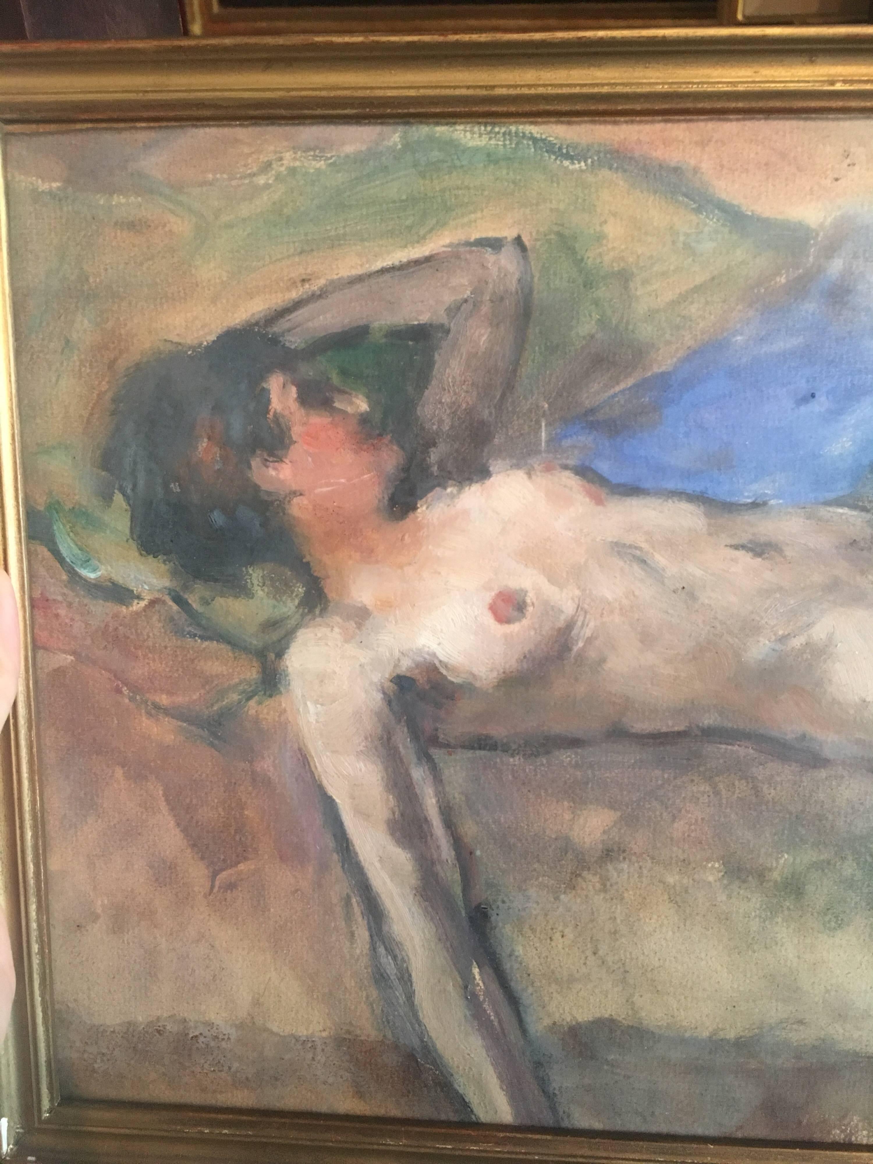 Vintage French Oil, Reclining Nude, Signed - Brown Interior Painting by Unknown