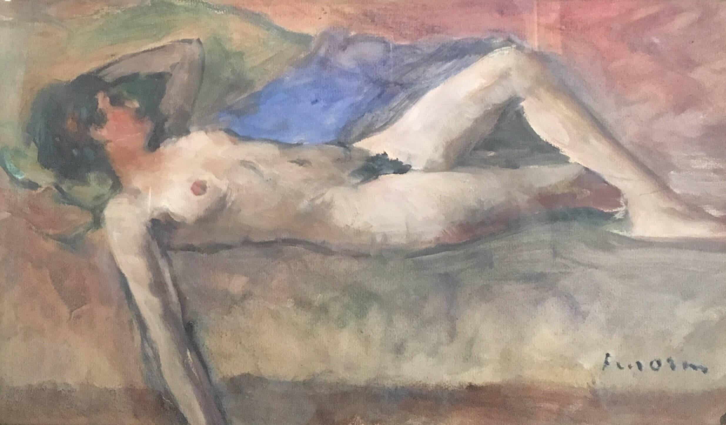 Unknown Interior Painting - Vintage French Oil, Reclining Nude, Signed