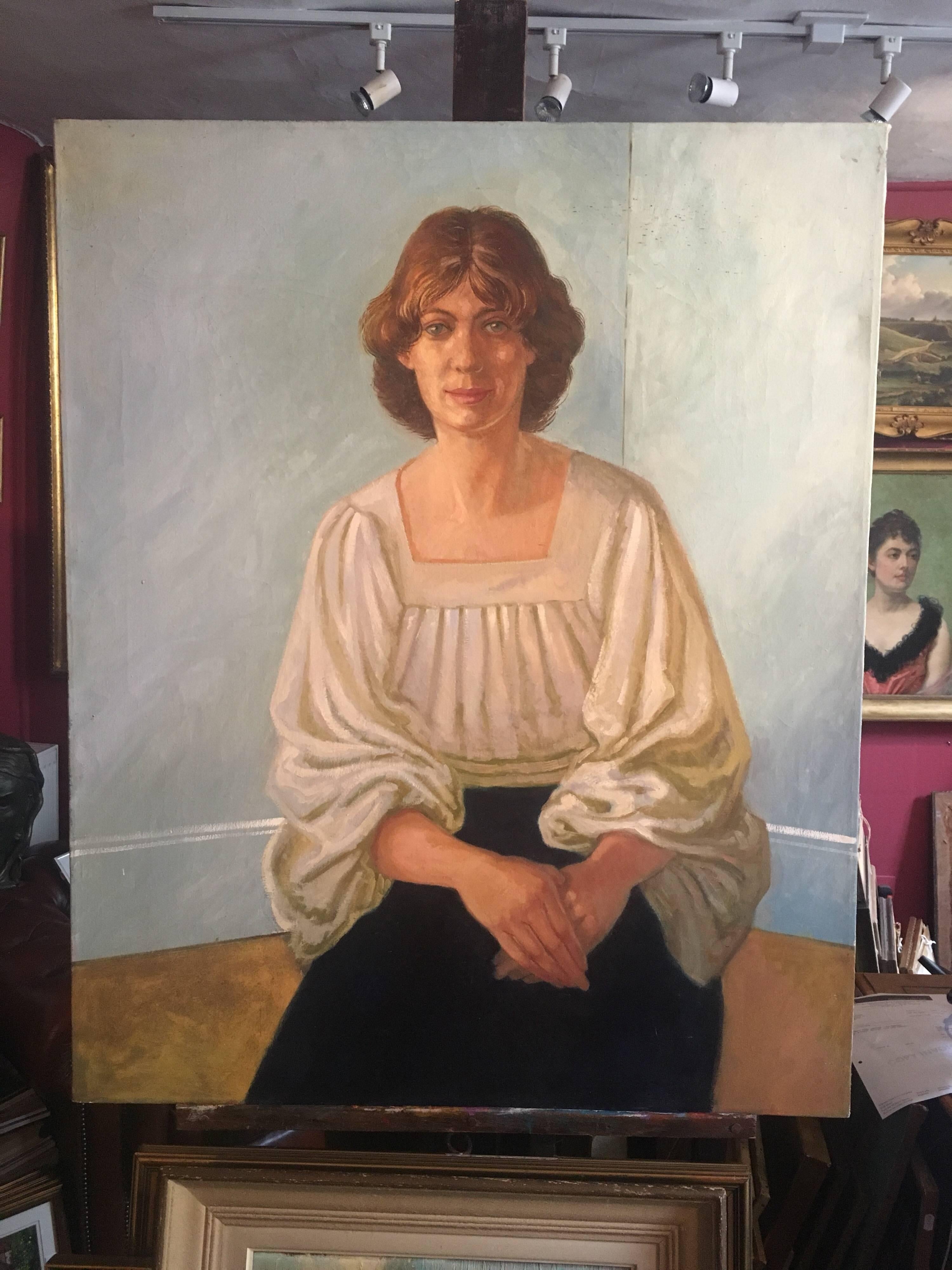 1970’s Portrait of a Woman, Very Large Oil Painting - Brown Portrait Painting by Unknown