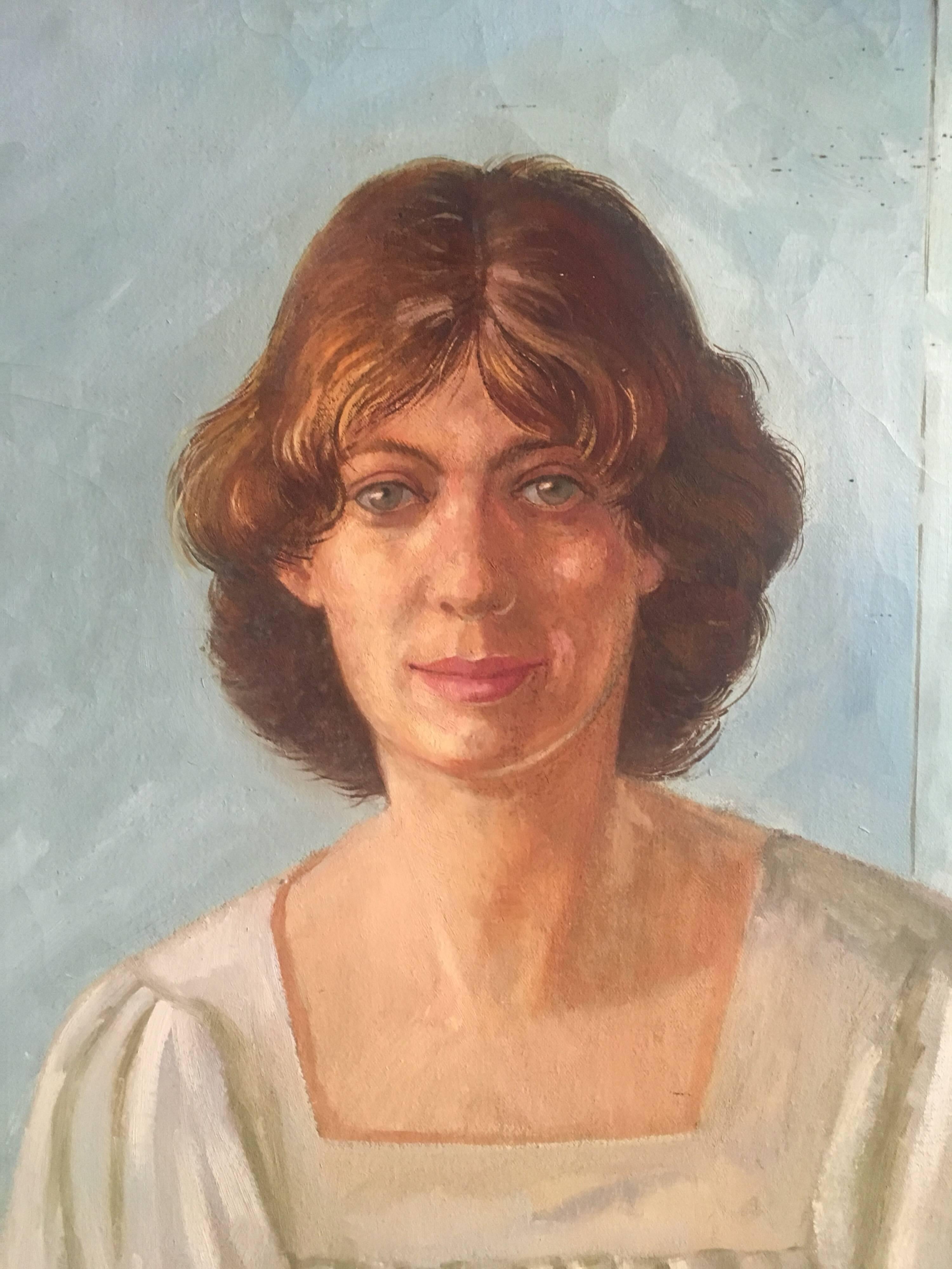 Portrait of a Lady
By British artist, late 20th Century
Oil painting on canvas, unframed
Canvas size: 40 x 32 inches

Striking and typical style portrait of the 1970's. Her hairstyle and flowing blouse are also indicative of the seventies. 

The