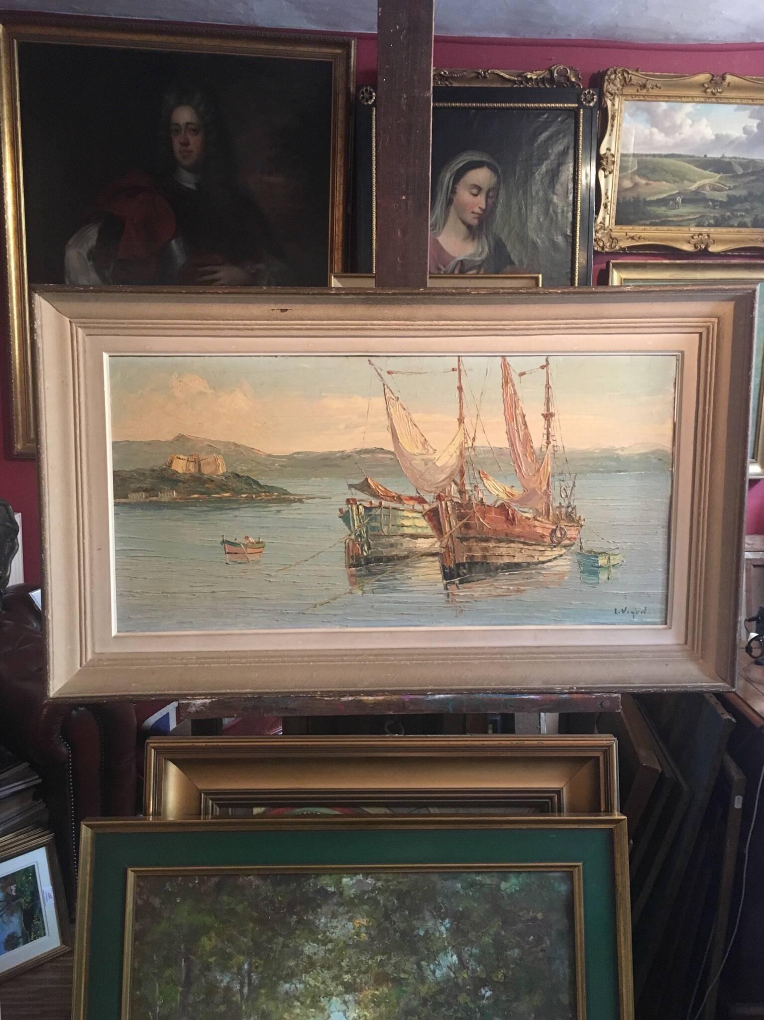 Fishing Boats off Antibes, Signed French Oil Painting  - Brown Landscape Painting by Unknown