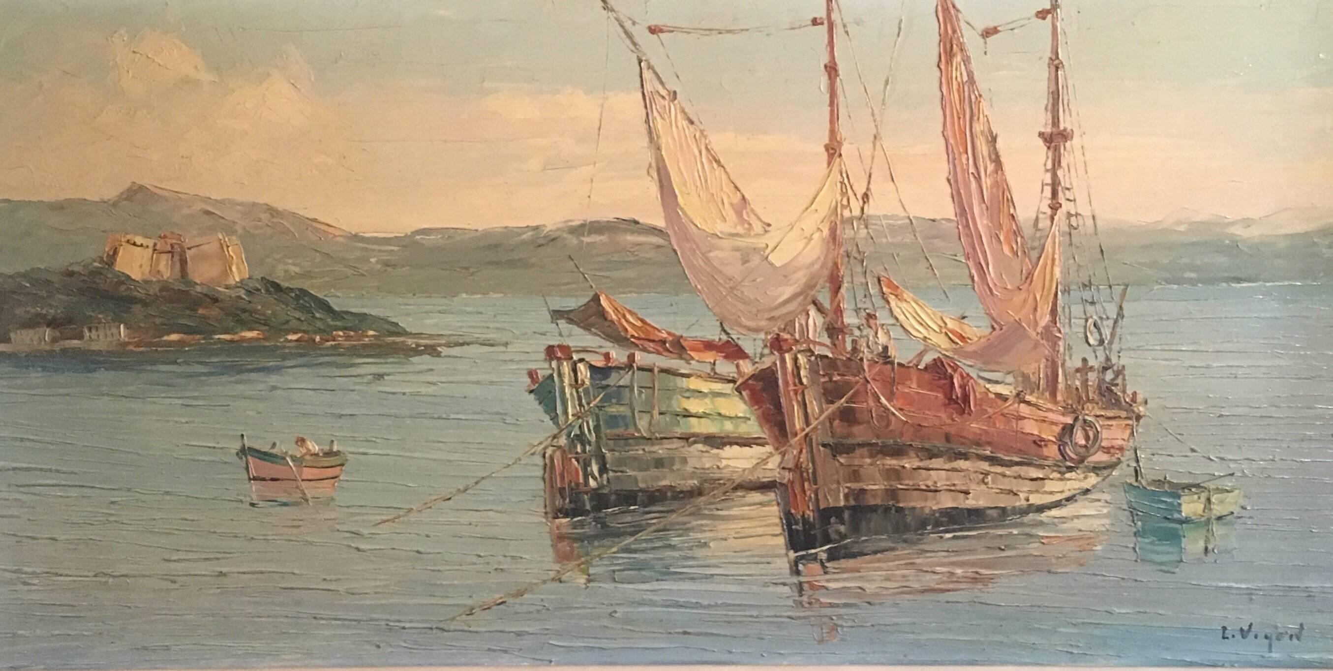 Unknown Landscape Painting - Fishing Boats off Antibes, Signed French Oil Painting 