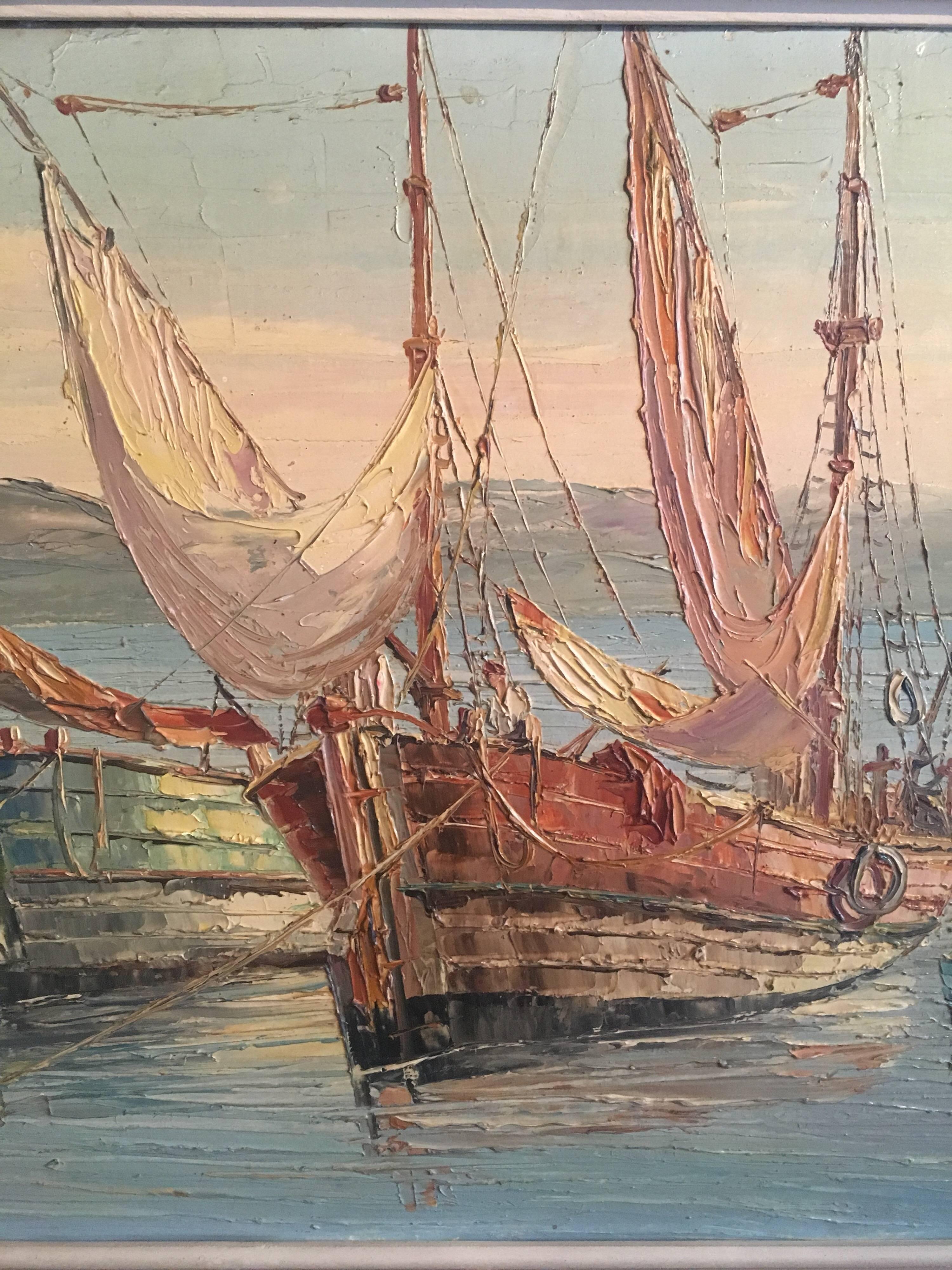 Fishing Boats off Antibes, Signed French Oil Painting  1