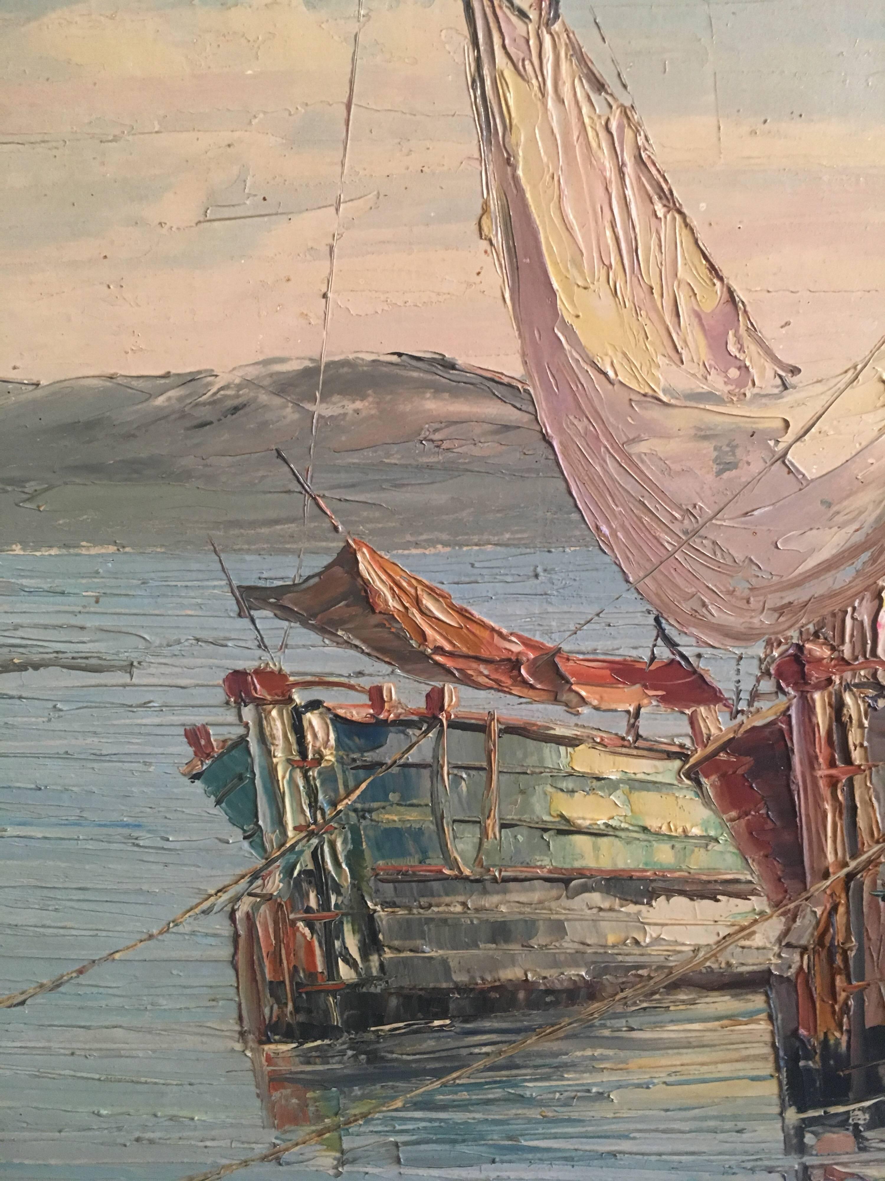 Fishing Boats off Antibes, Signed French Oil Painting  3
