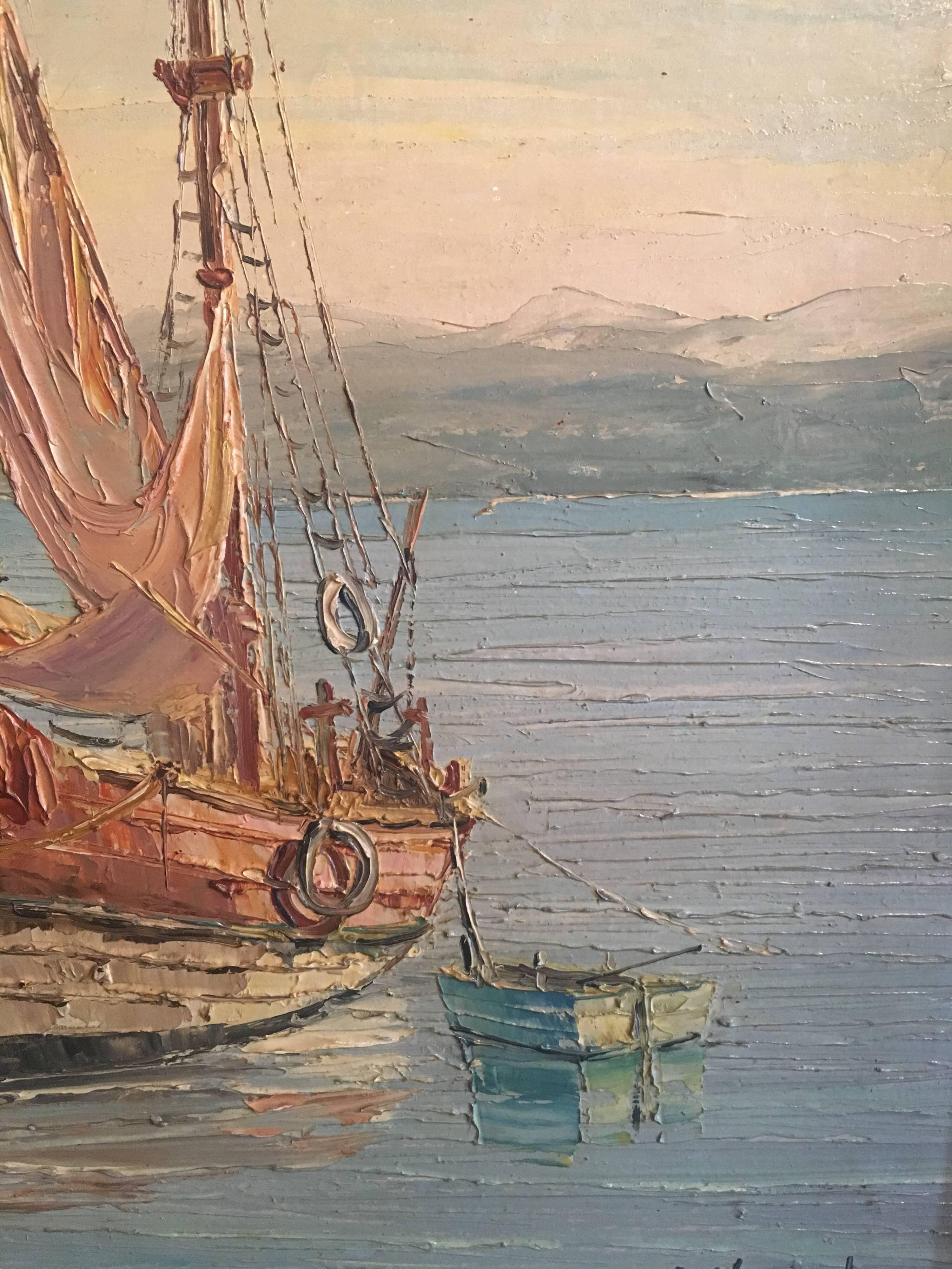Fishing Boats off Antibes, Signed French Oil Painting  4