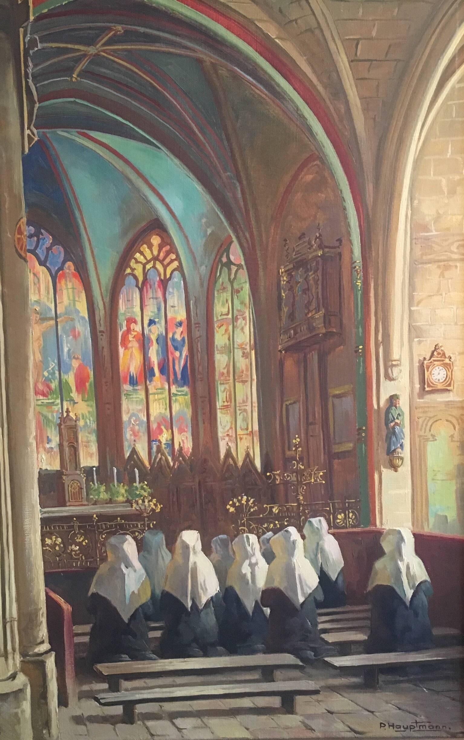 Unknown Interior Painting - Nuns in Prayer, Fine Church Interior, Signed Oil Painting