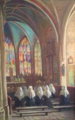 Nuns in Prayer, Fine Church Interior, Signed Oil Painting