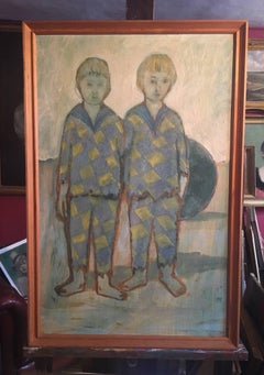 Blue Period, Two Boys on a Beach, Signed Oil Painting