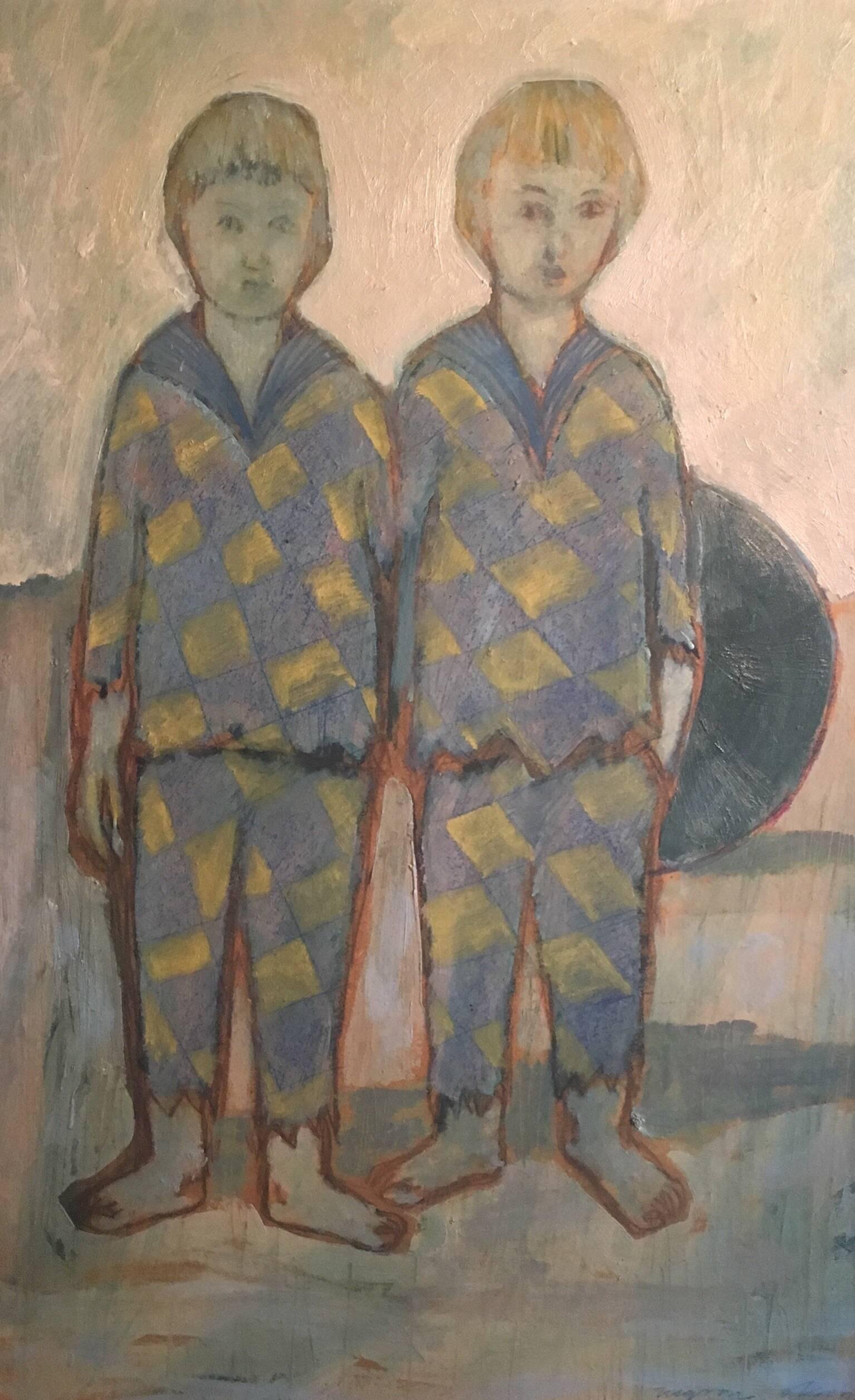 Unknown Portrait Painting - Blue Period, Two Boys on a Beach, Signed Oil Painting 