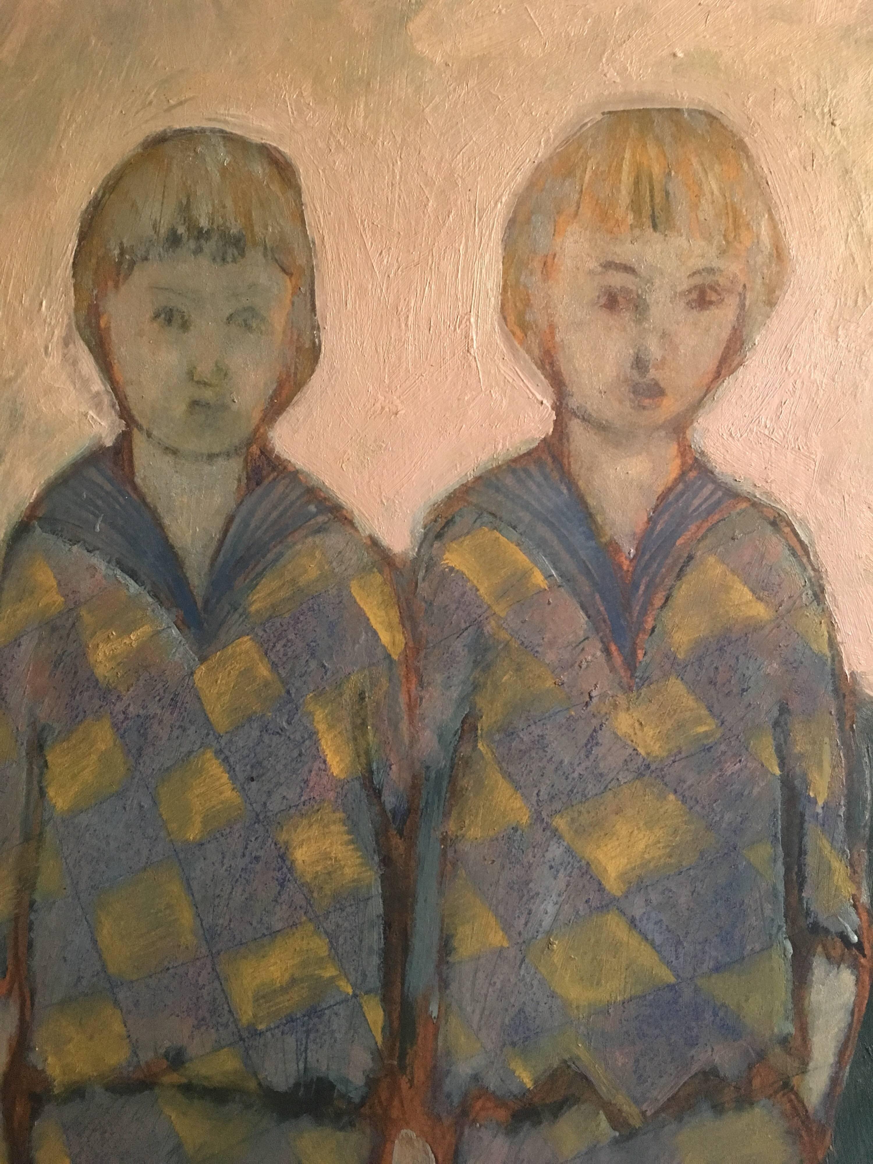 Blue Period, Two Boys on a Beach, Signed Oil Painting  - Gray Portrait Painting by Unknown