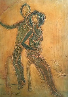 Large 1970’s French Abstract Figures on Beach, Signed Oil Painting