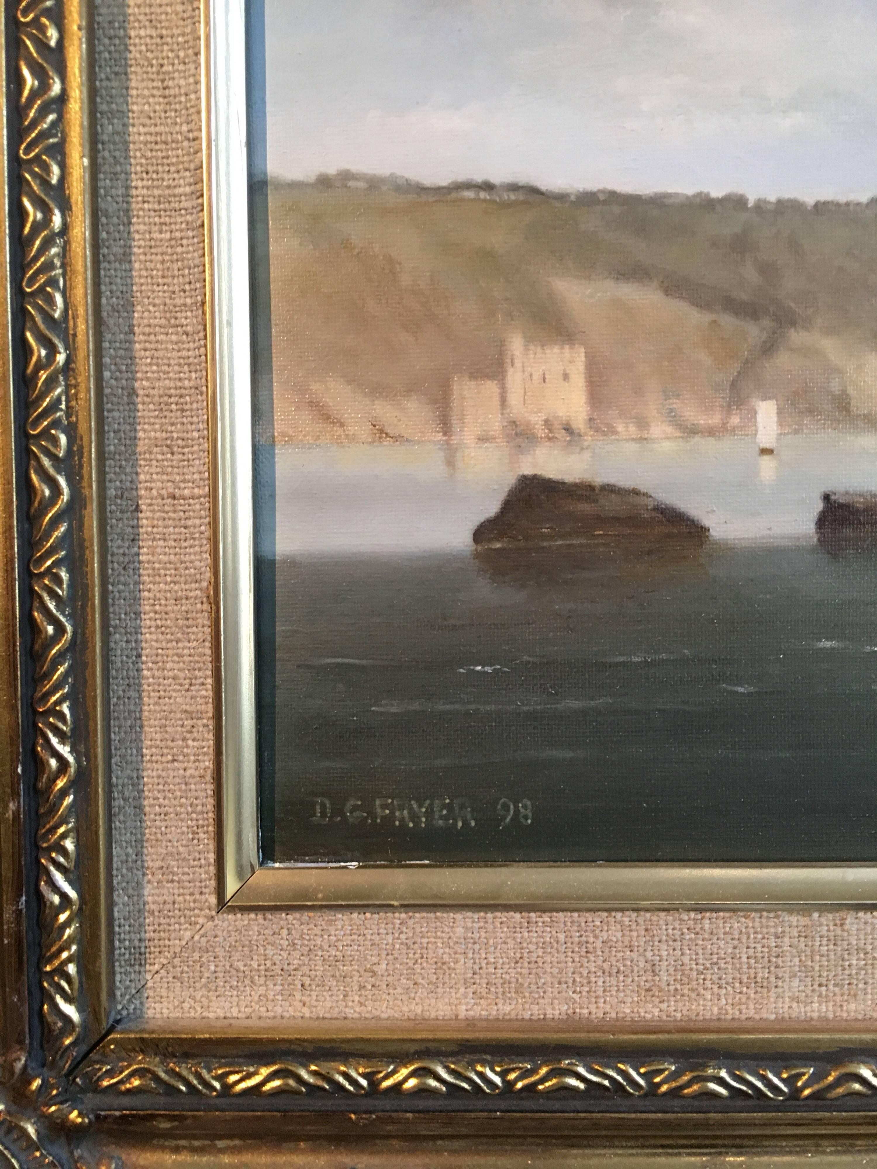 Dartmouth Castle
By Derrick Fryer, British artist , 20th Century
Oil painting on canvas, framed
Signed on the lower hand corner, and dated '98'
Framed size: 16 x 19.5 inches

Traditional painting, lovely crisp detailing figures by the boat. The