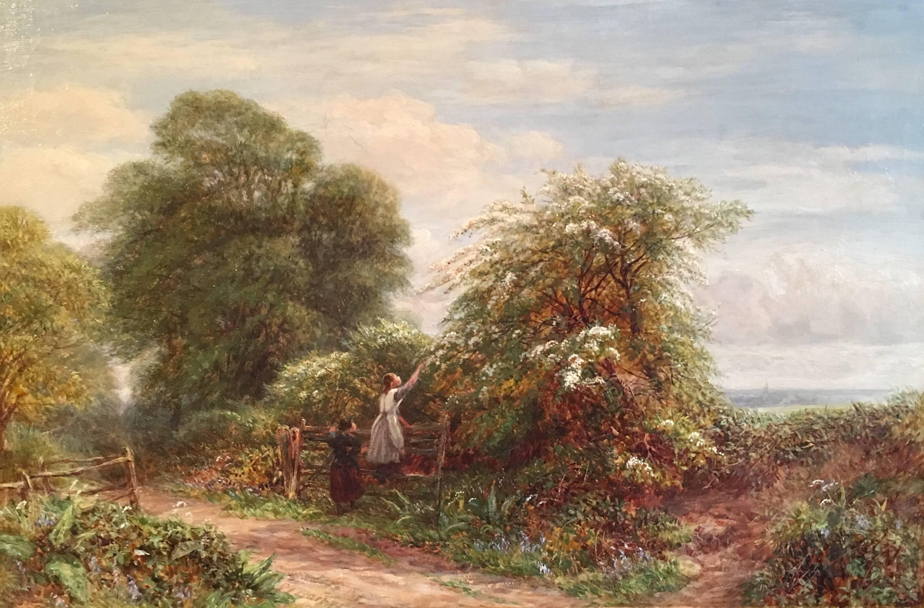 Gathering Berries, Victorian Oil Painting, Signed