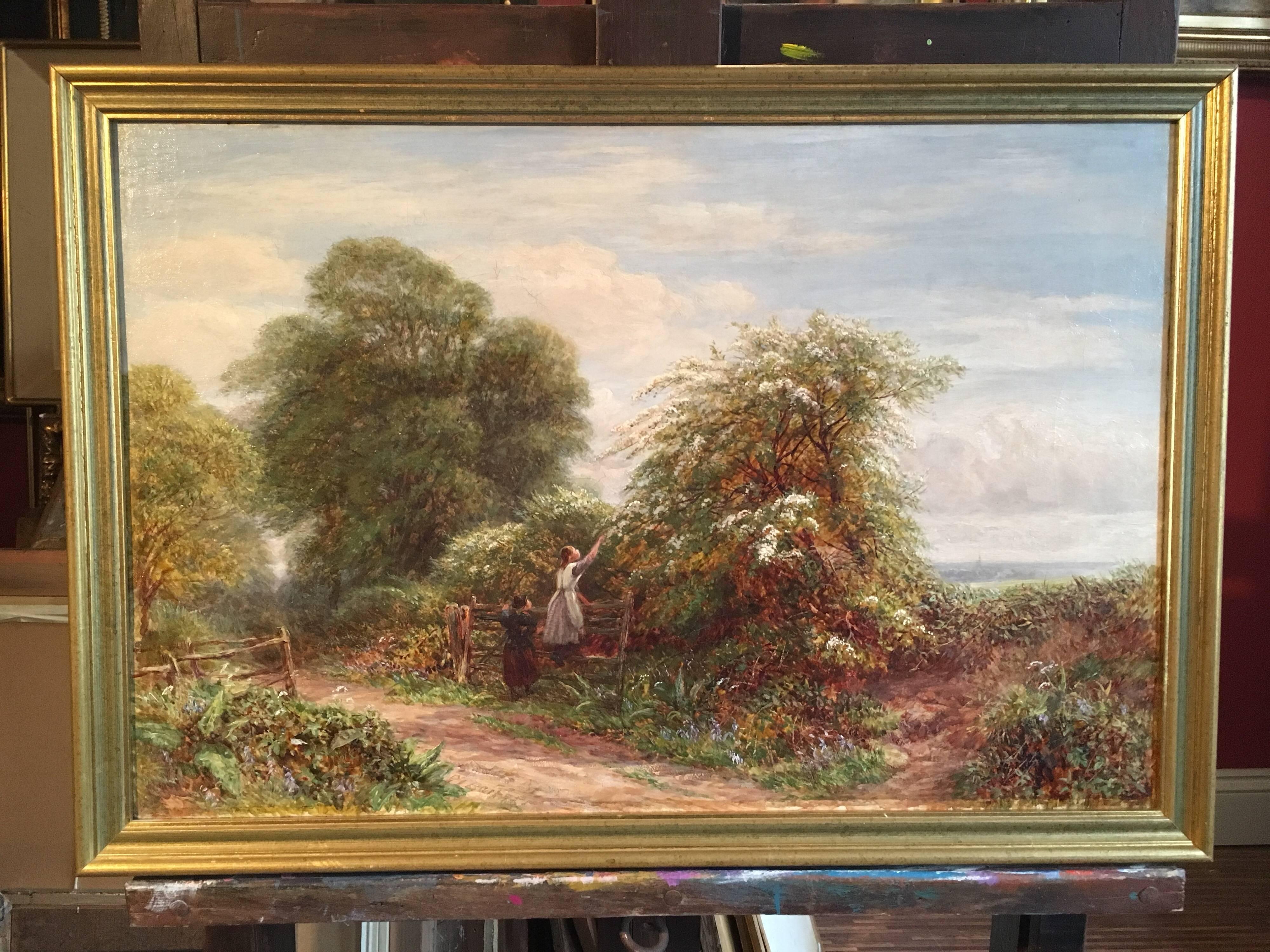Gathering Berries, Victorian Oil Painting, Signed - Beige Landscape Painting by Unknown