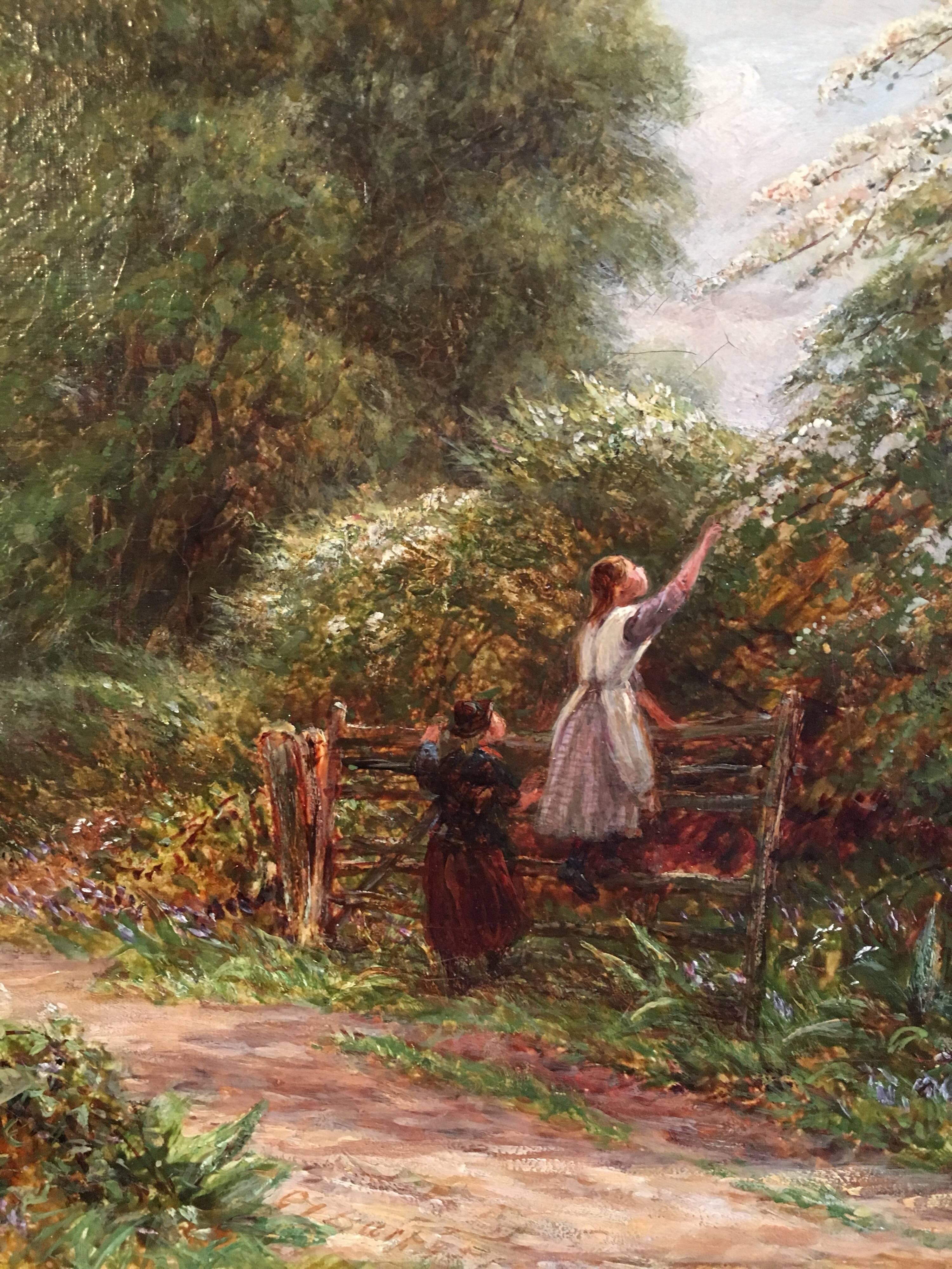Gathering Berries, Victorian Oil Painting, Signed
English School, 19th Century
Oil painting on canvas, framed
Signed indistinctly at the bottom of the painting on the left
Framed size: 18.5 x 26 inches

Traditional Victorian landscape scene