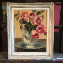 1930's Pink Flowers in a Ceramic Jug, Vintage French Oil