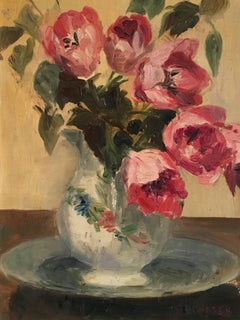 1930's Pink Flowers in a Ceramic Jug, Vintage French Oil