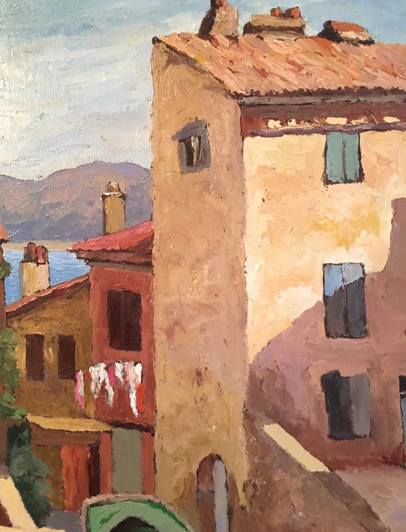 Architecture méditerranéenne, paysage Peinture à l'huile, signée et datée
Par un artiste espagnol, milieu du 20e siècle
Signé et daté '54 dans le coin inférieur gauche
Signé par l'artiste au verso
Peinture à l'huile sur carton, encadrée
Taille de