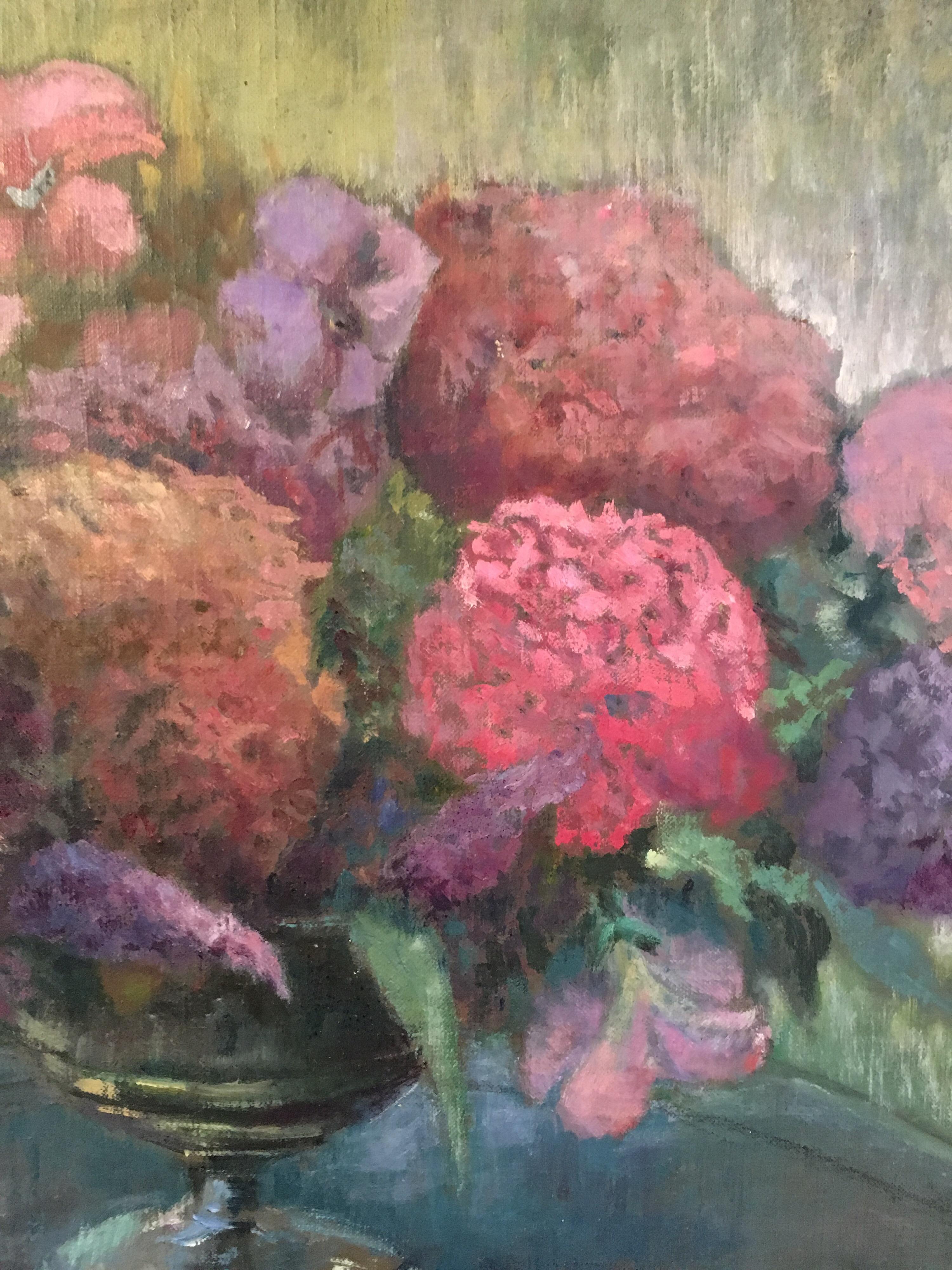 Naturaleza muerta floral, Pintura al óleo impresionista fina, Firmada
Por un artista británico, siglo XX
Firmado y fechado por el artista en la esquina inferior derecha
Óleo sobre lienzo, enmarcado
Tamaño enmarcado: 20 x 26,5 pulgadas

Glorioso